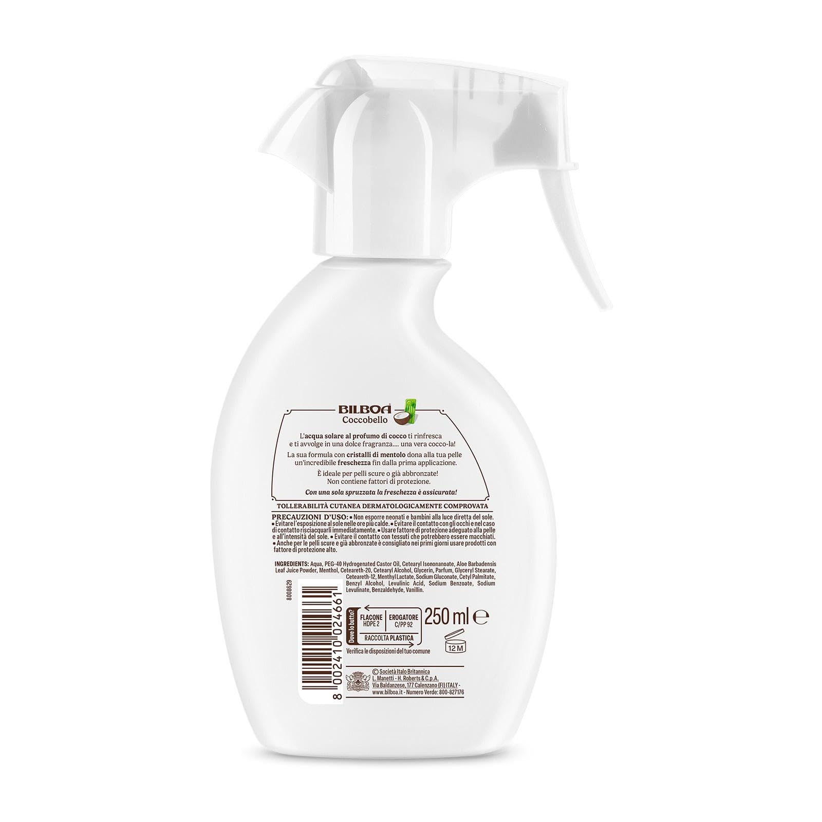 Bilboa, Coccobello, Acqua Solare, Spray Rinfrescante con Cristalli di Mentolo e Profumo di Cocco, Sensazione di Freschezza Immediata, Ideale Durante l'Esposizione al Sole, 200 ml