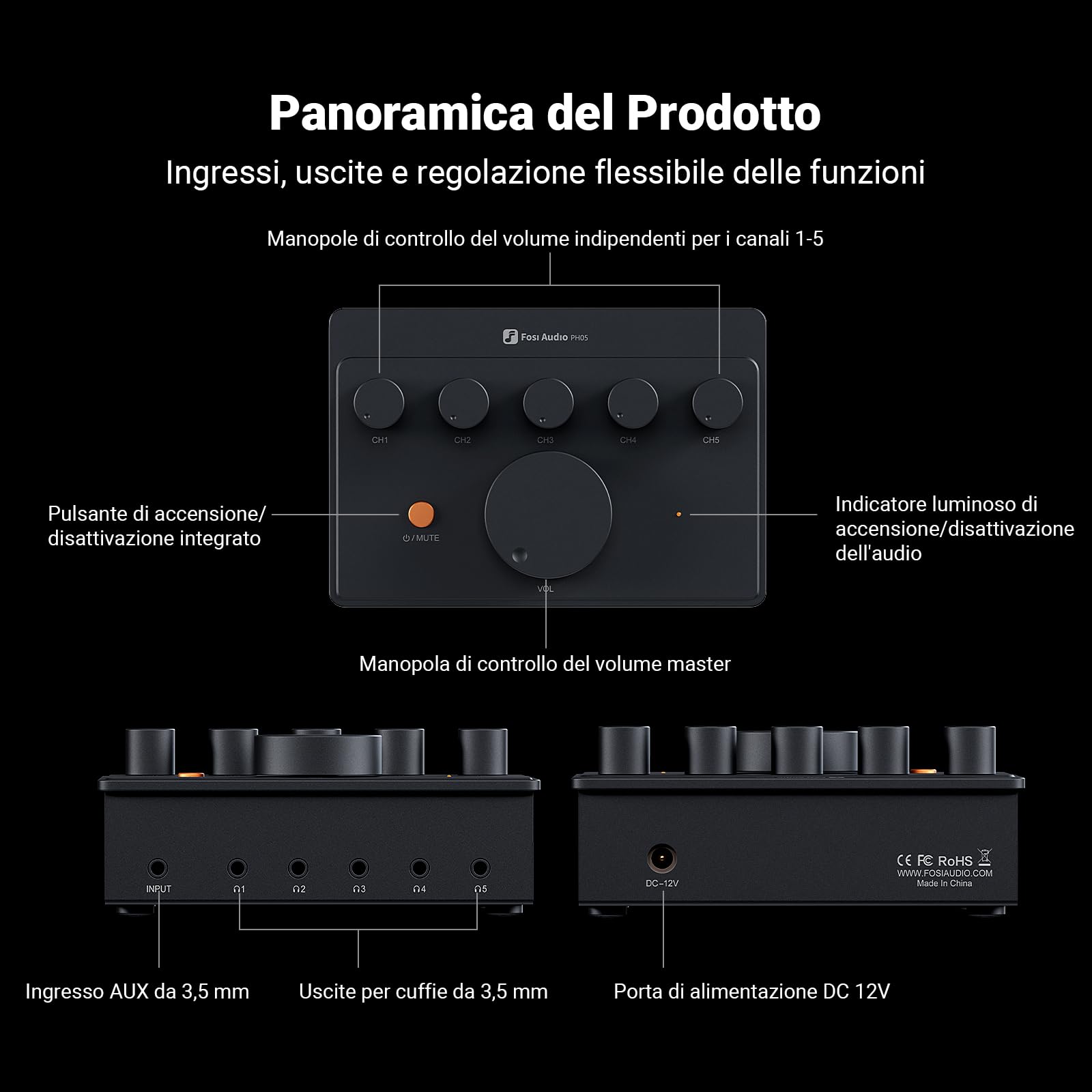 Fosi Audio PH05 Amplificatore per Cuffie a 5 Canali Stereo Compatto, Supporta IEM ad Alta Impedenza da 16-300 Ohm, per Mixer da Studio Musicale, Condivisione Audio, Monitor per Podcast