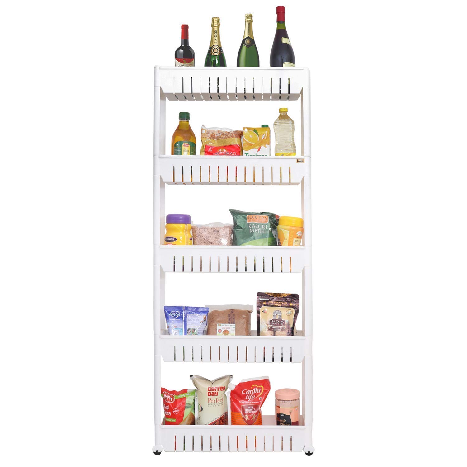 Ebee Plastic 5 Layer Storage Organizer Slim Rack Shelf with Wheels, White, Free Standing, Sliding Shelf