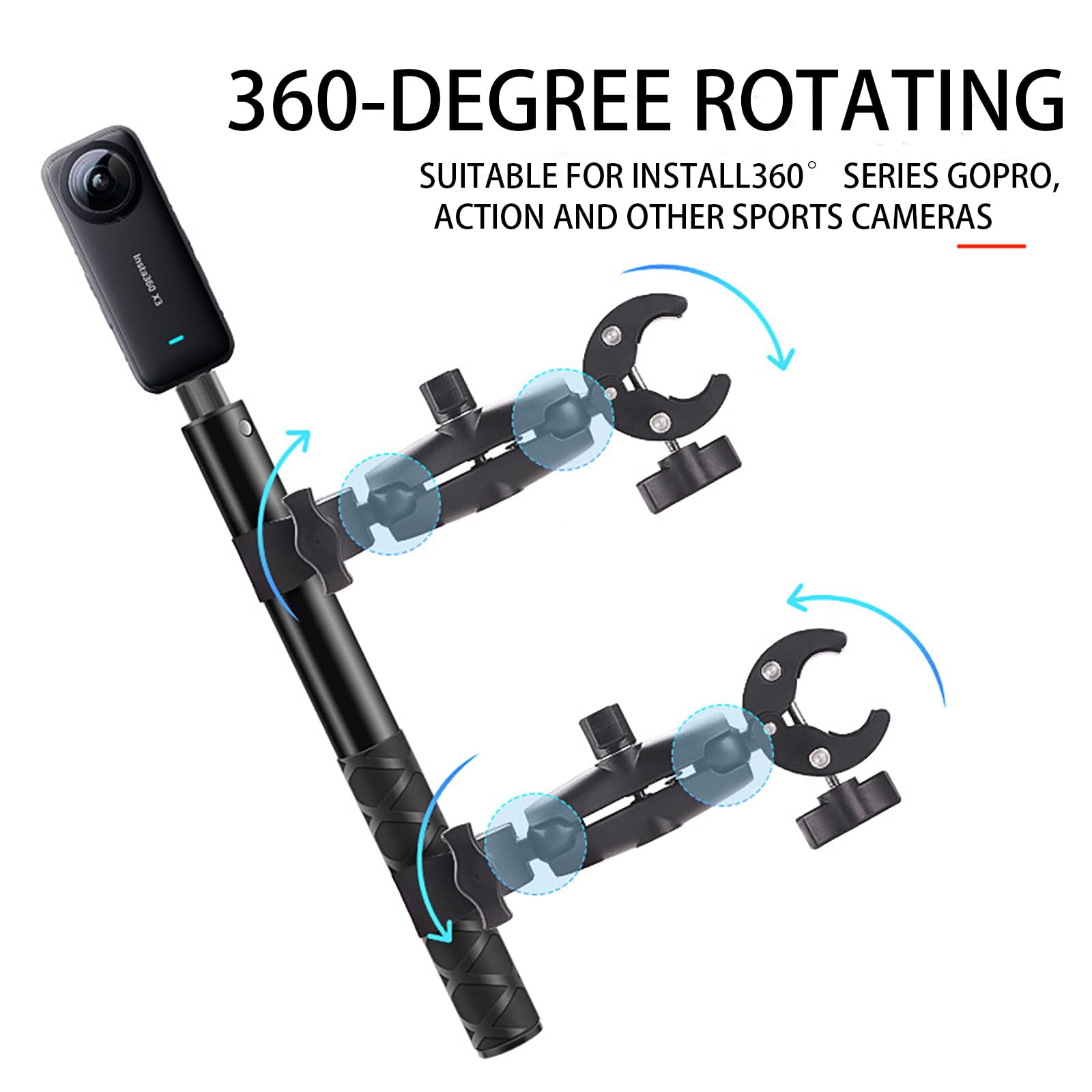 NEWFUN Uchwyt do kamery, akcesoria do insta360 x4, zestaw motocyklowy do insta360 x4, X3, X2 obrót o 360 stopni, podwójny zacisk, uchwyt motocyklowy, kompatybilny z wieloma urządzeniami
