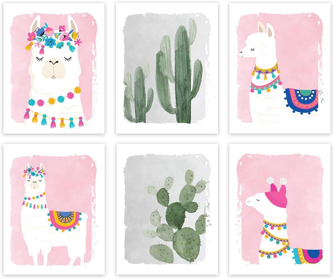 Andaz Press Llama Theme Nursery Kids Room Unframed Hanging Wall Art Poster Home Decor, 8.5x11-inch, Girl Pink, Watercolor Cactus Llama Graphics, 6-Pack, No Frames, Alpaca