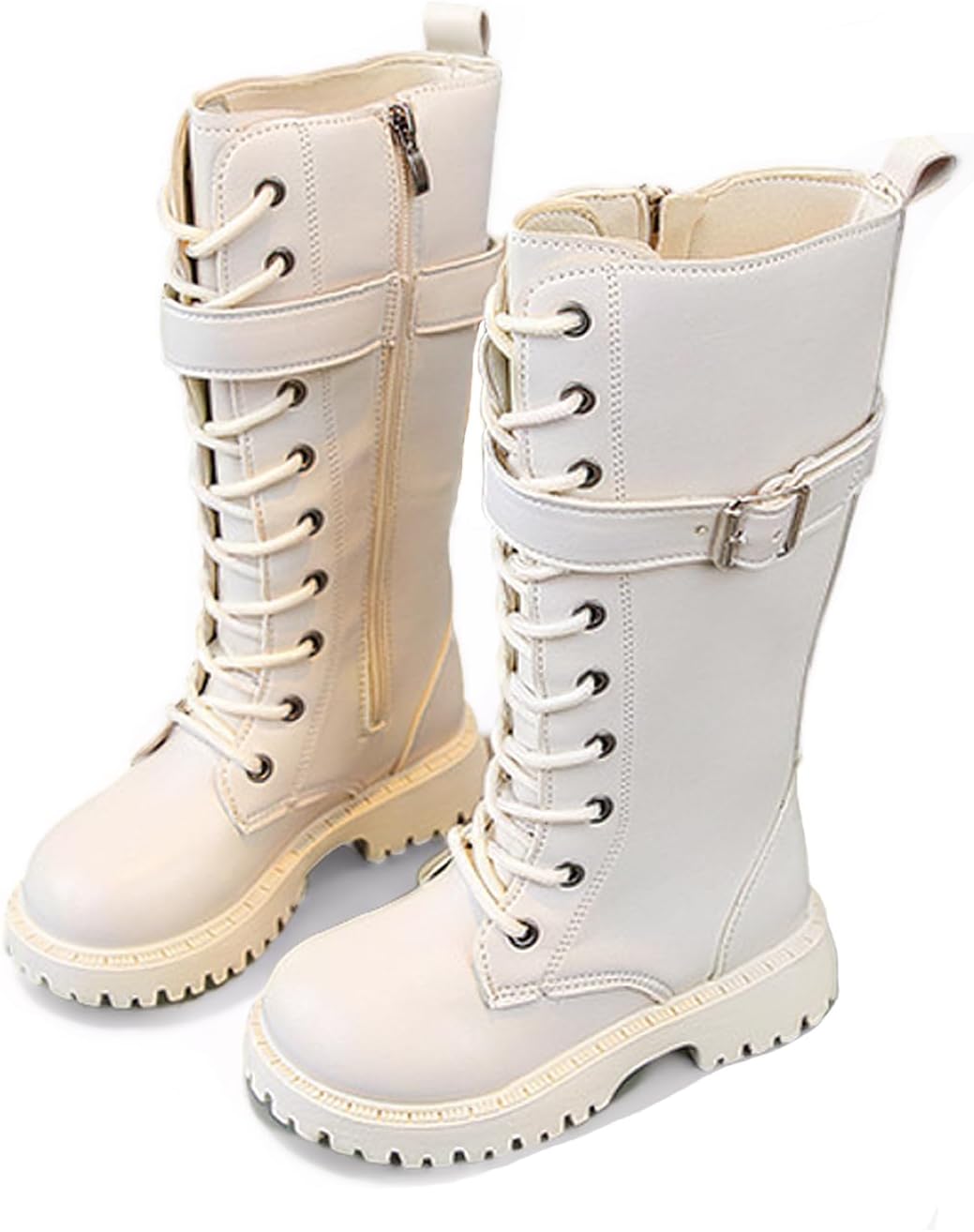 Girls Leather Riding Knee High Boots with Side Zipper Fashion Buckle Straps Comfort Round Toe Chunky Heel Lace Up Combat Boots Non-slip Lug Sole Motorcycle Boots Little Kid/Big Kid