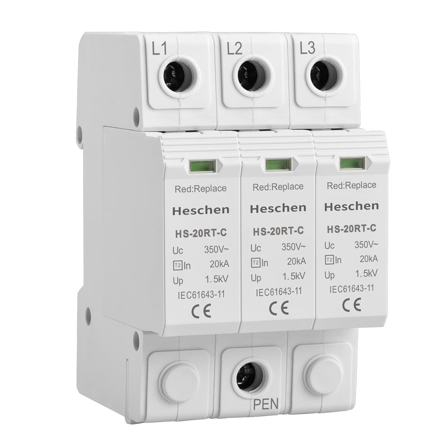 Heschen Surge Protective Device SPD, HS-20RT-C, 3P 350VAC 20KA, Built-in replaceable over current fuse, Low-Voltage Arrester, Fire-Proof, 35mm DIN Rail Mounting, White