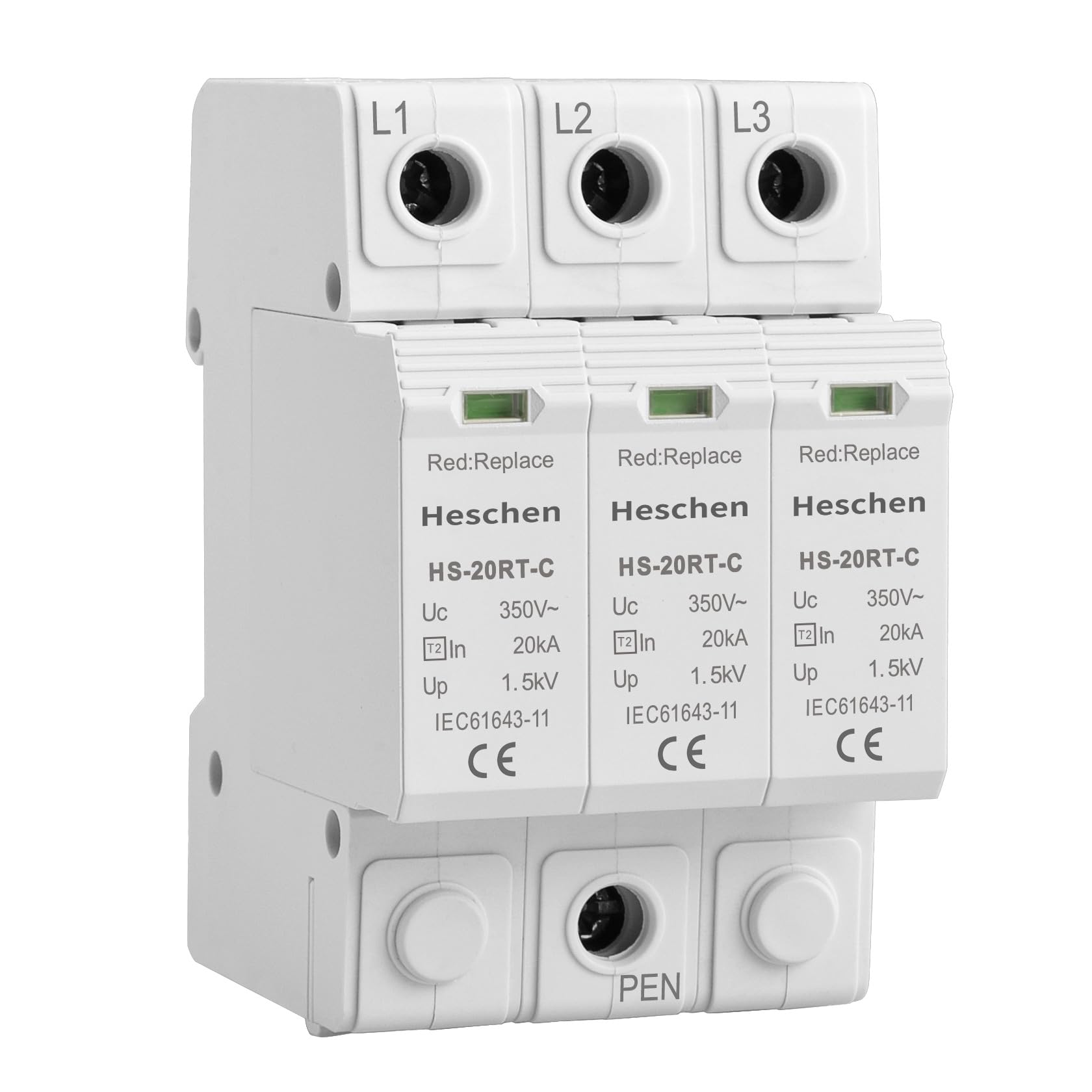 Heschen Surge Protective Device SPD, HS-20RT-C, 3P 350VAC 20KA, Built-in replaceable over current fuse, Low-Voltage Arrester