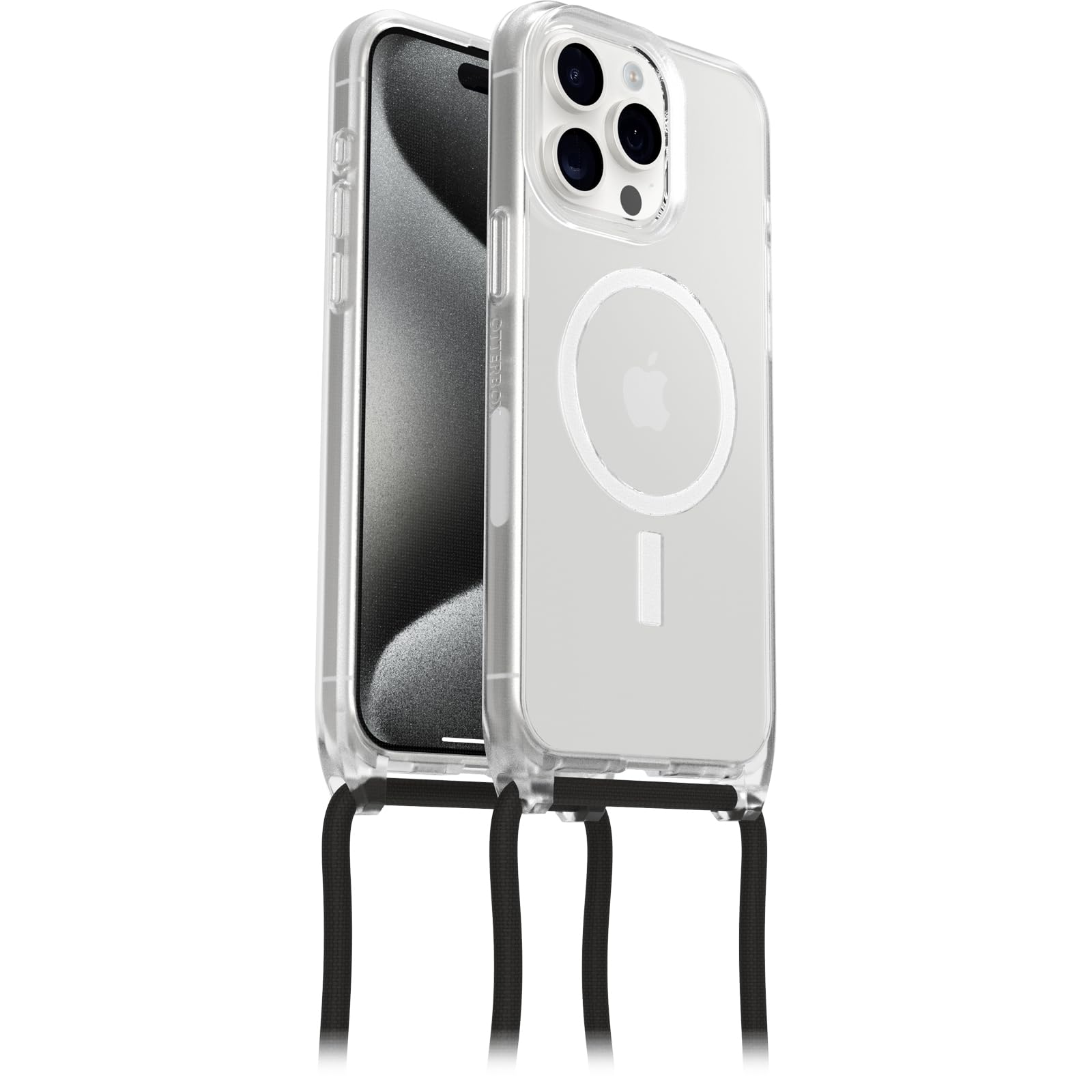 OtterBox Cover React Necklace con MagSafe per iPhone 15 Pro Max, resistente a shock con cordino a collana, adattabile e intercambiabile, testata a norme MIL STD 810G, Trasparente,Senza Retail Package