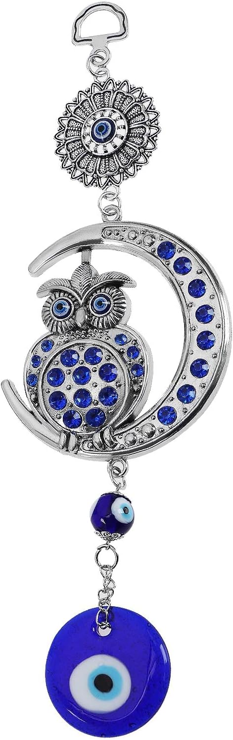 Decoración azul contra el mal de ojo, adorno colgante de búho, colgante de luna, amuleto, accesorios para colgar en la pared para el interior del automóvil, oficina, jardín, decoración del hogar, 9.4in de longitud Guatemala