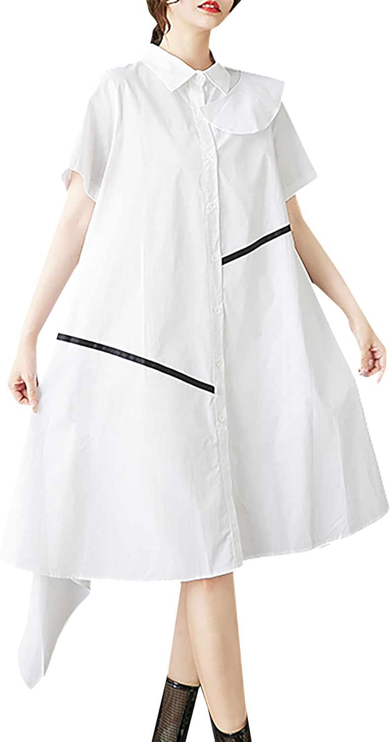 [ＭｅｎｇＦａｎ] 半袖 ワンピース レディース シャツワンピース 不規則 ファッション カジュアル チュニック Aライン モード系