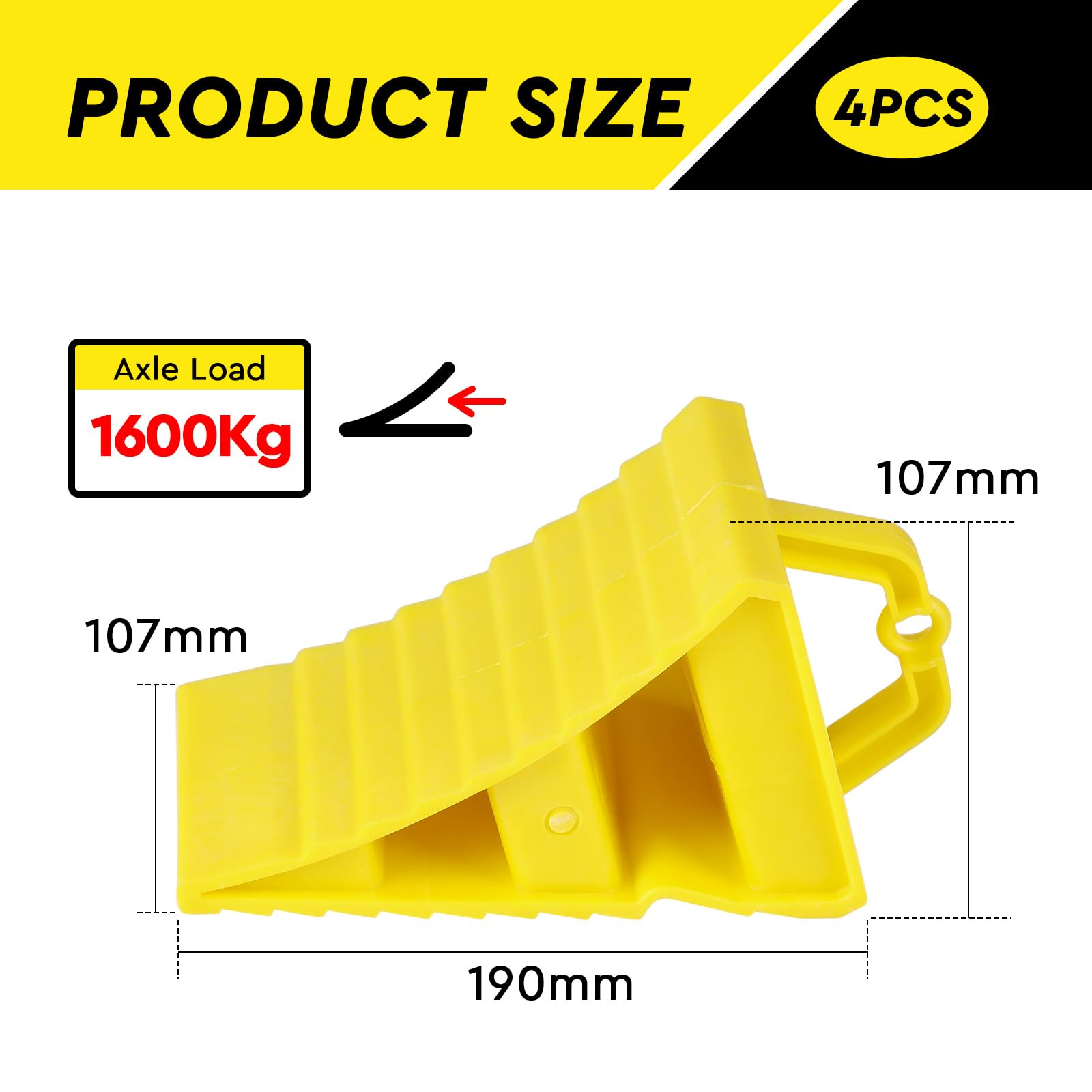 SWAWIS 4 Pezzi Cunei per Ruote in PE Plastica 190x107x107mm Giallo, con Maniglia e 20 Adesivi Riflettenti, Antiscivolo, per Rimorchi Caravan Camper Auto