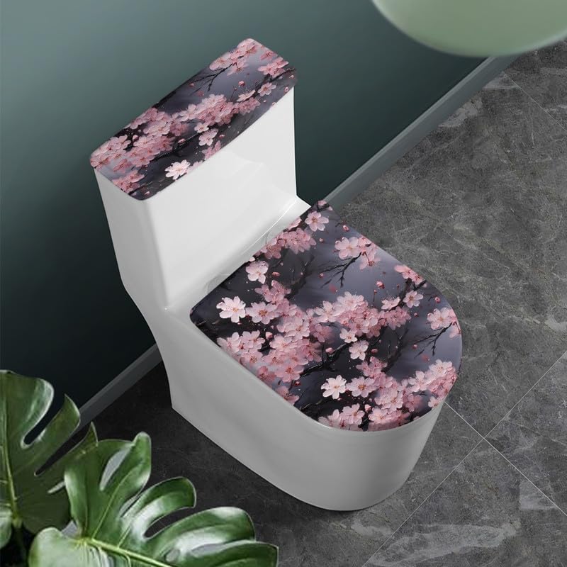 Daulesho Pink Cherry Blossoms Toilet Lid Tank Cover Set of 2 Watercolor Japanese Cherry Blossoms Bathroom Soft Toilet Lid Dust Cover Chinese Peach Flower with Elastic Edge Decor