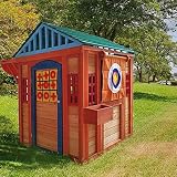 Outdoor Playhouse for Kids Wooden Backyard Playhouse Fir Wood Pretend Game House 4-in-1, with Canopy