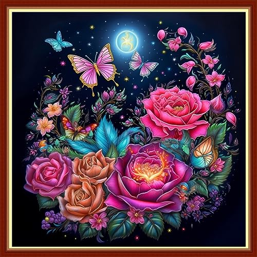 Image of Foxhool Beginners Cross Stitch Kits Stamped Full Range of Embroidery Kits for Adults DIY Cross Stitches kit Embroidery Patterns for Needlepoint kit-Colorful Butterfly Flowers 17.7x17.7 inch