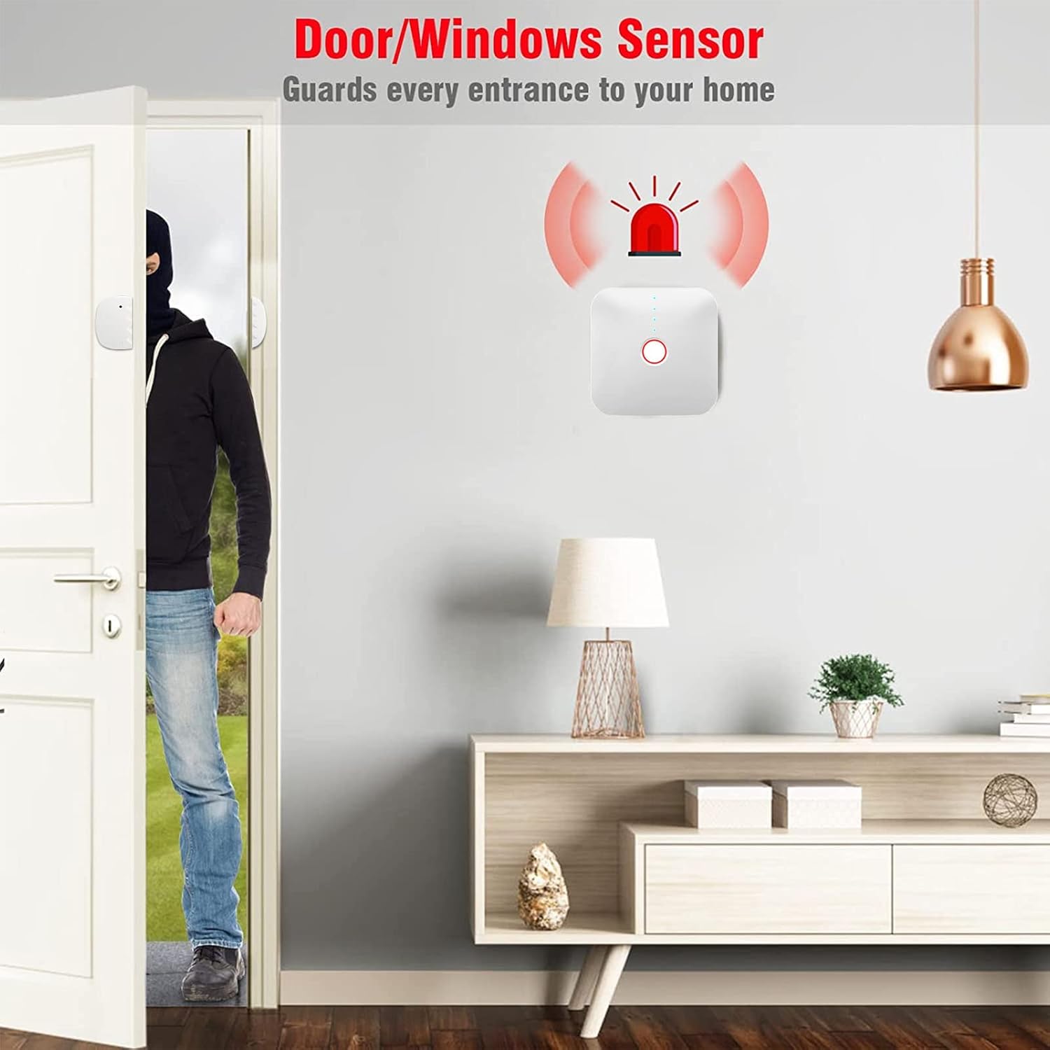 Door/Window Sensor detecting an open door with an alarm siren icon