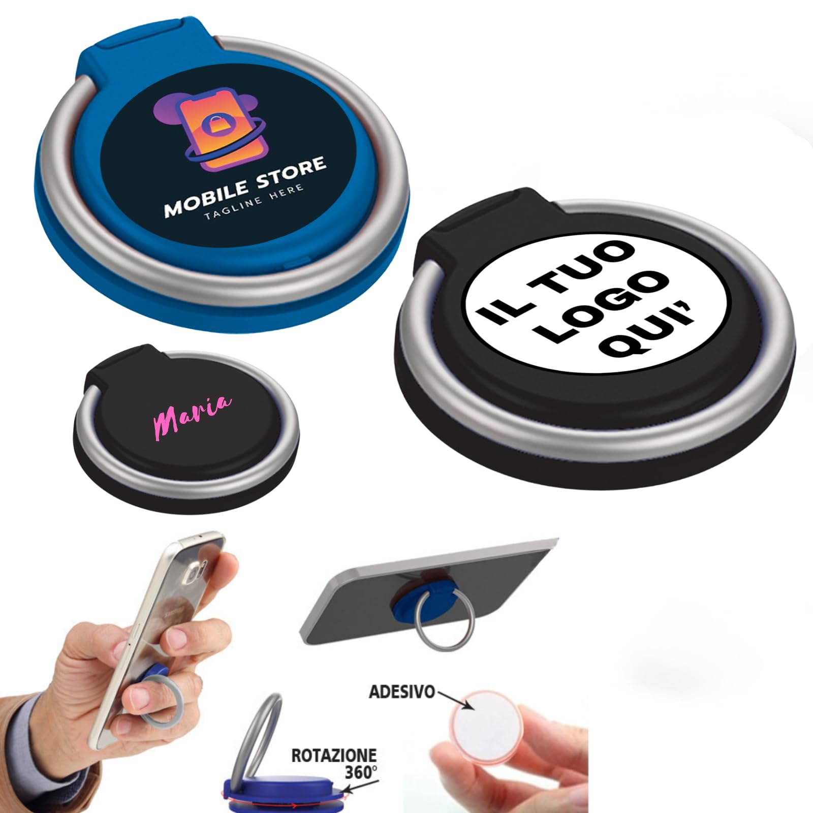Anello Adesivo per Telefono Cellulare Personalizzabile con Testo Nome Logo, Supporto Telefono Cellulari Rotazione 360° per tutti smartphone e tablet, Gadget Aziendale Pubblicitario (50)