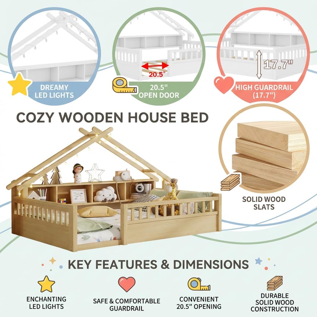 Twin Size Floor Bed with Storage Bookcase & Light, Wooden House Montessori Floor Bed with High Rails, Montessori Beds Twin for Girls, Boys, No Box Spring Needed, Natural