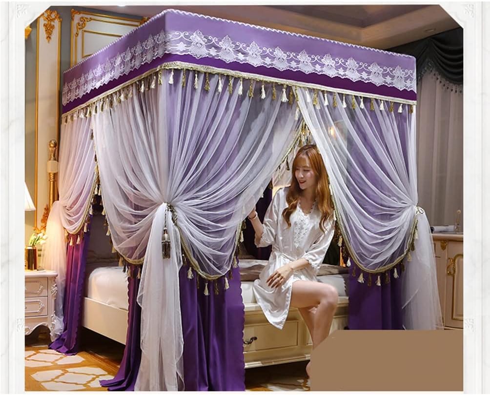 Fabric Bed Drapes Mesh Protection Canopy Shielding Netting,2M/6.6FT Bed Canopy Mosquito Net with Metal Bracket, European Style Romantic Embroidery Tassel Bed Curtain Bedroom Decoration (Colo