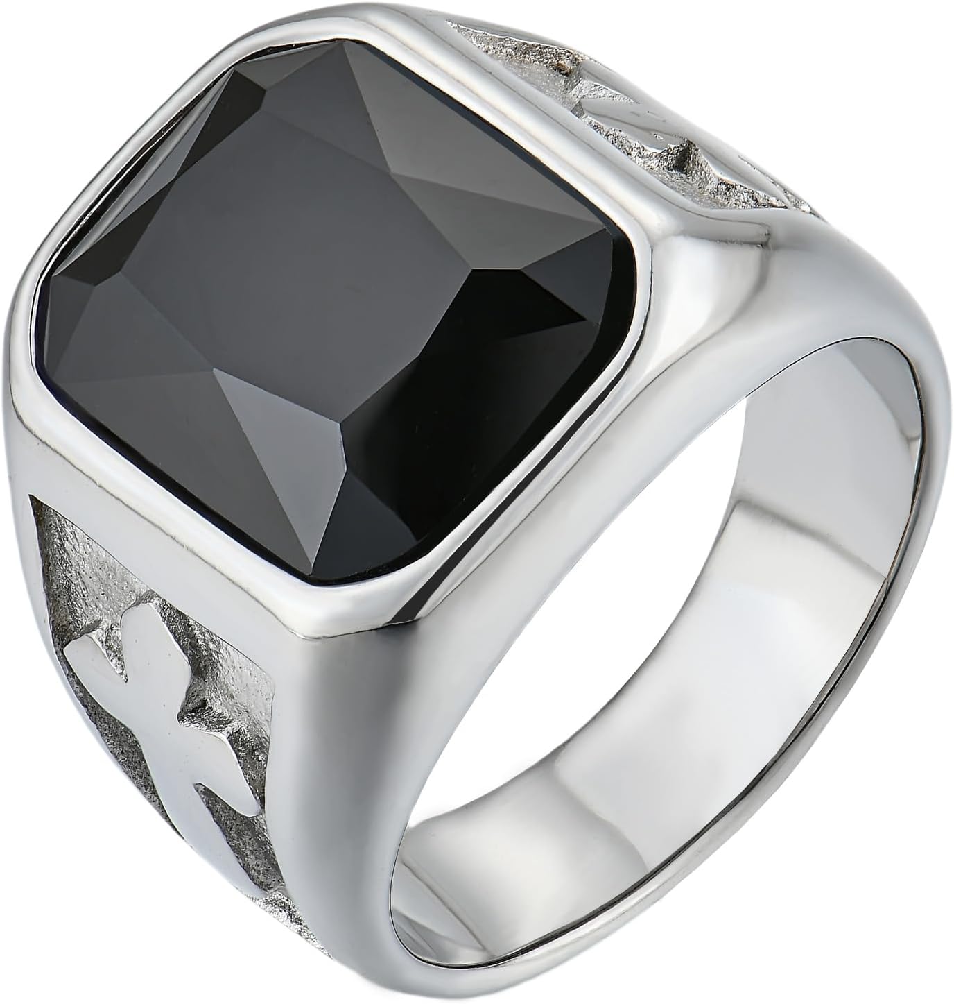 YL Men's Gemstone Cross Rings Titanium Steel Square Signet Rings Wedding Statement Band Vintage Jewelry