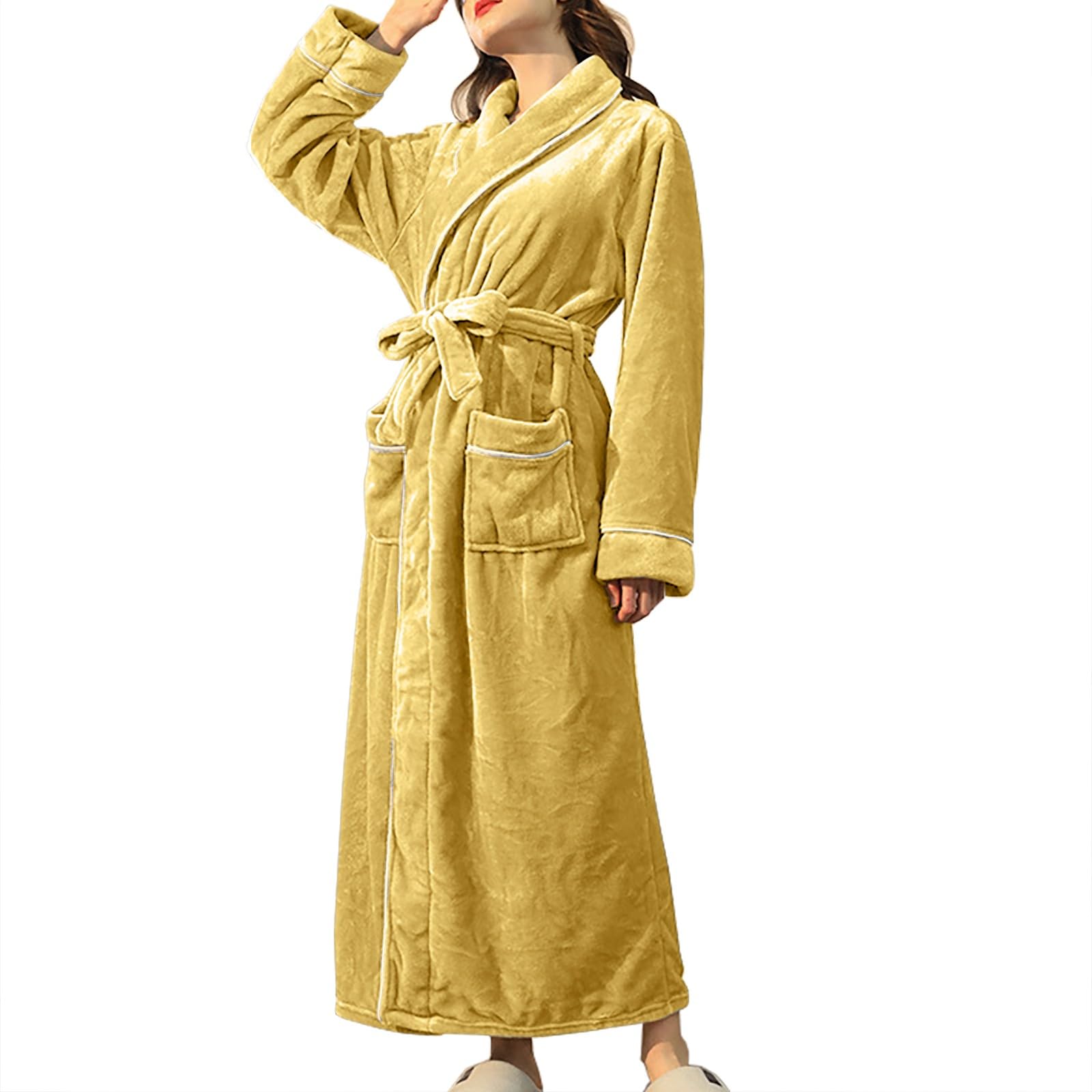 Albornoz de rizo para mujer, sin capucha, bata de algodón para sauna, albornoz largo y acogedor, forro polar, suave, ropa de dormir mullida, para todas las estaciones