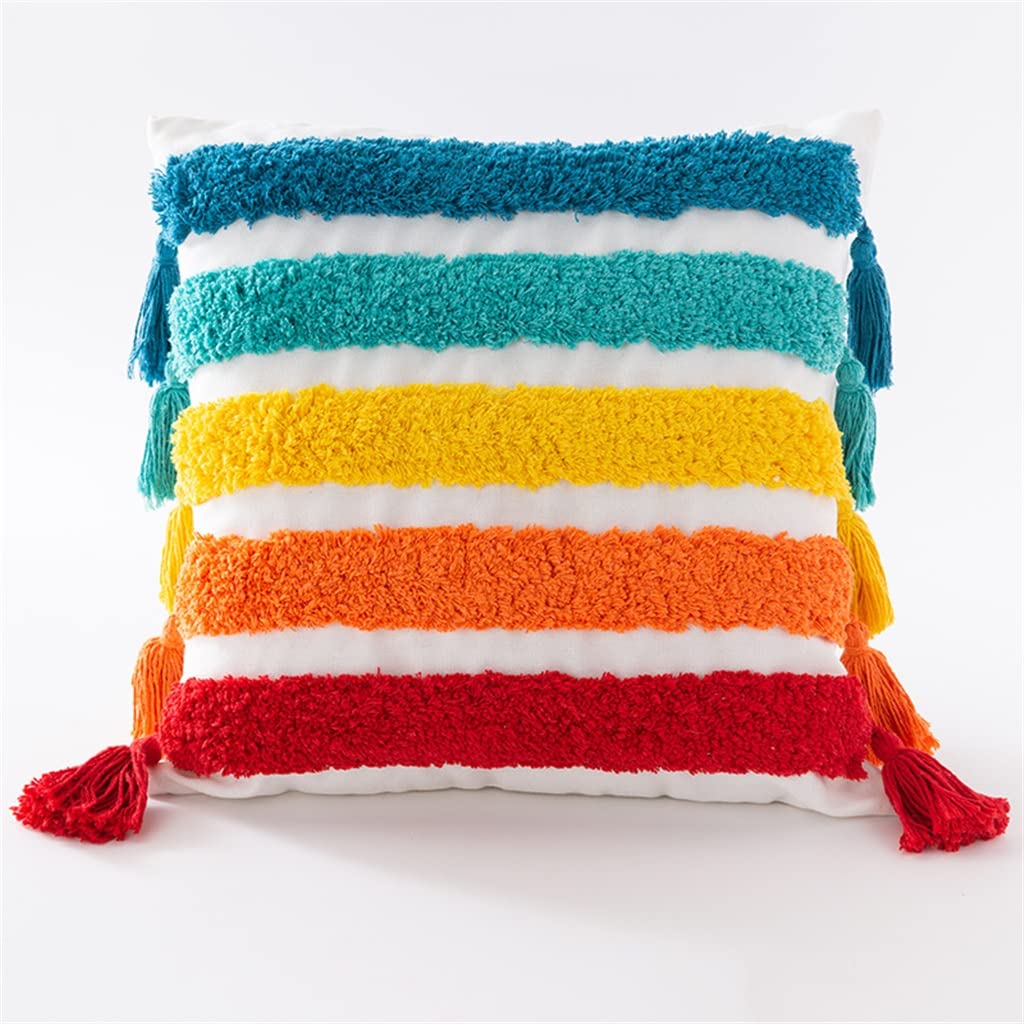 Taie d'oreiller brodée bouclé de luxe motif arc-en-ciel à glands D