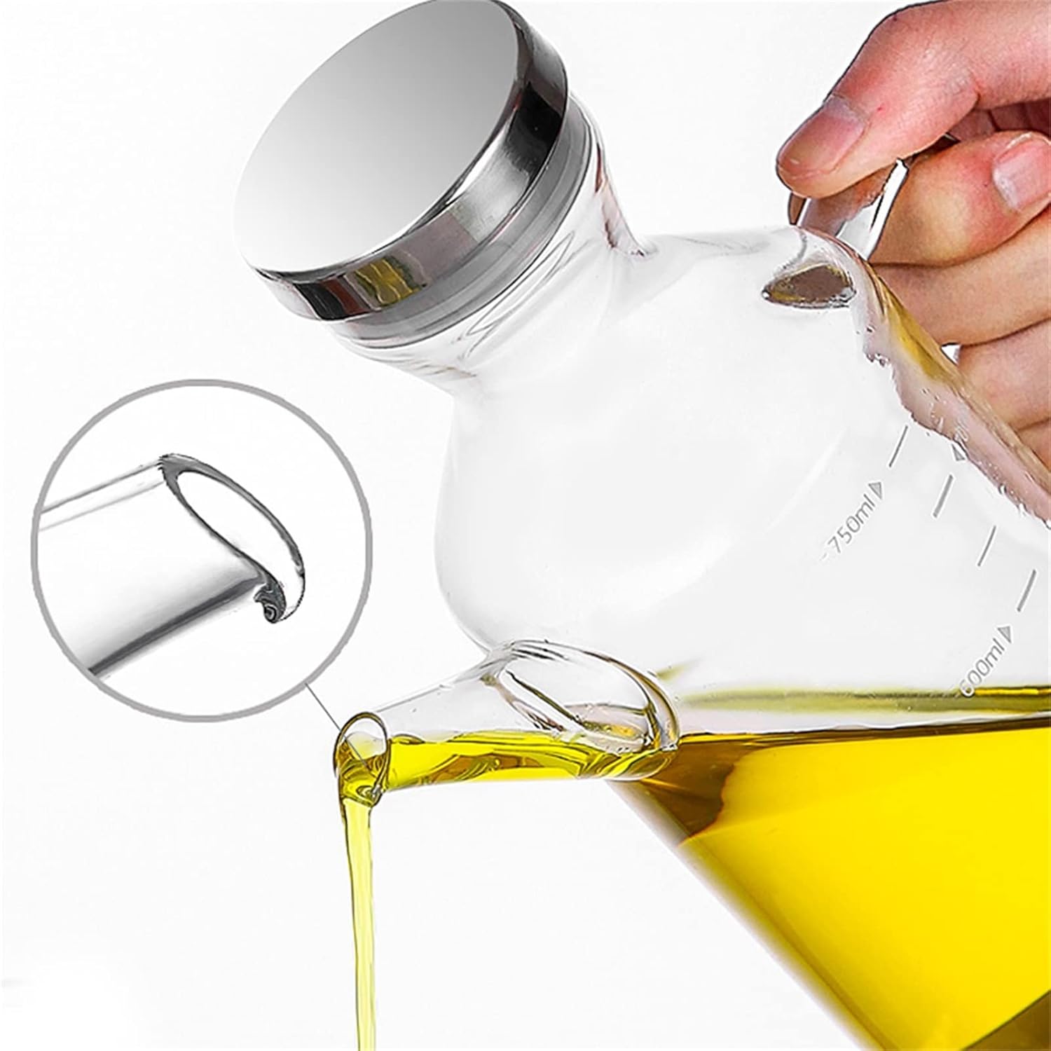 Glass Oil Can, Stainless Steel Cover Condiment Bottles Olive Oil Clear Scale Comfortable Handle Non-slip Bottom 550ml 750ml(B,550ml)