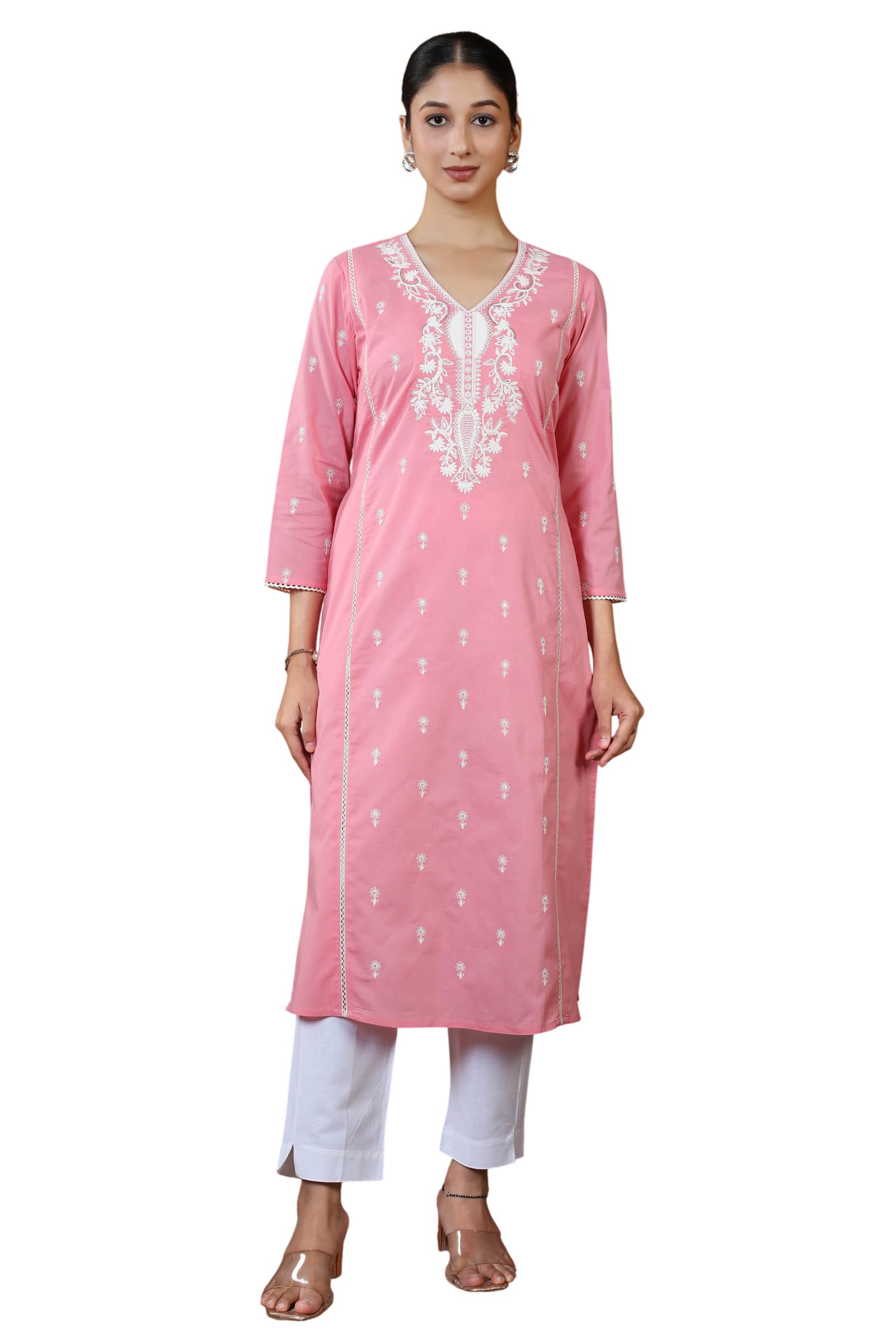 Baby Pink Pure Cotton Embroidered Straight Kurta-image-22