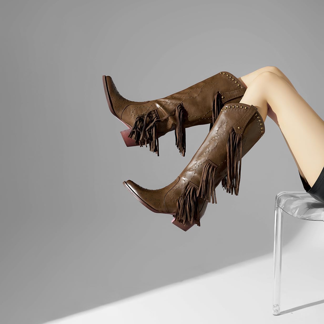 Tsrenlmln Western Cowboy Boots for Women - Pointed Toe Knee High Pull-On Boots with Chunky Heel & Fringe Details | Fashion Riding Boots | & Comfortable