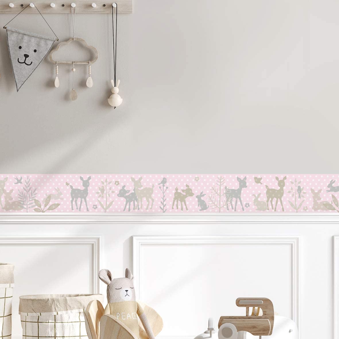 Frise murale adhésive enfant à motifs bambi rose – Frise chambre enfant garçon de 450 x 11.5 cm – Décoration murale chambre bébé autocollante