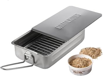 Camerons Gourmet Mini Stovetop Smoker - Stainless Steel BBQ Smoker Box w/Wood Chips & Recipes - Indoor & Outdoor Use on Any Heat for Smoking Meats, Veggies & Seafood - Grilling Gift for Father's Day