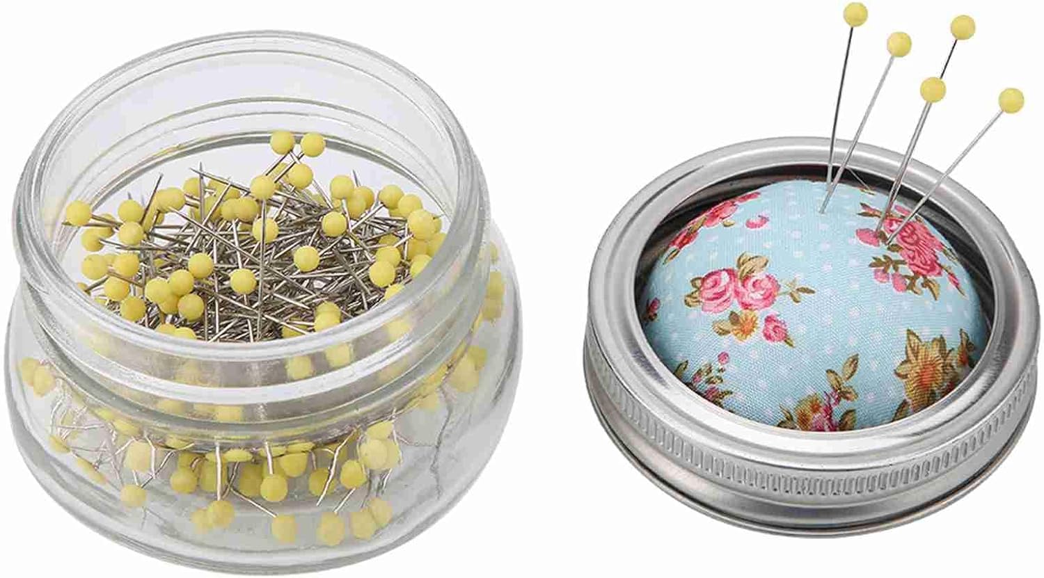 HilBeliFU 200Pcs Sewing Pin Cushion Lid, Round Pearl Sewing Pins and Cushion Lid Kit with Glass Bottle, Pin Cushion Sewing Kit for Weddings, Bridal Corsage, DIY Handicrafts