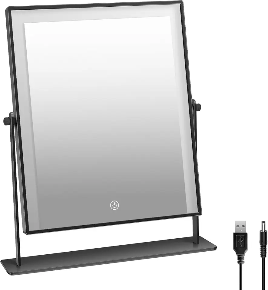 Espelho de Penteadeira, para Maquiagem, com Luz, Inteligente, Versátil, Controle de LED, Giratório, para Mulheres, Preto, 35 x 30 x 6 cm