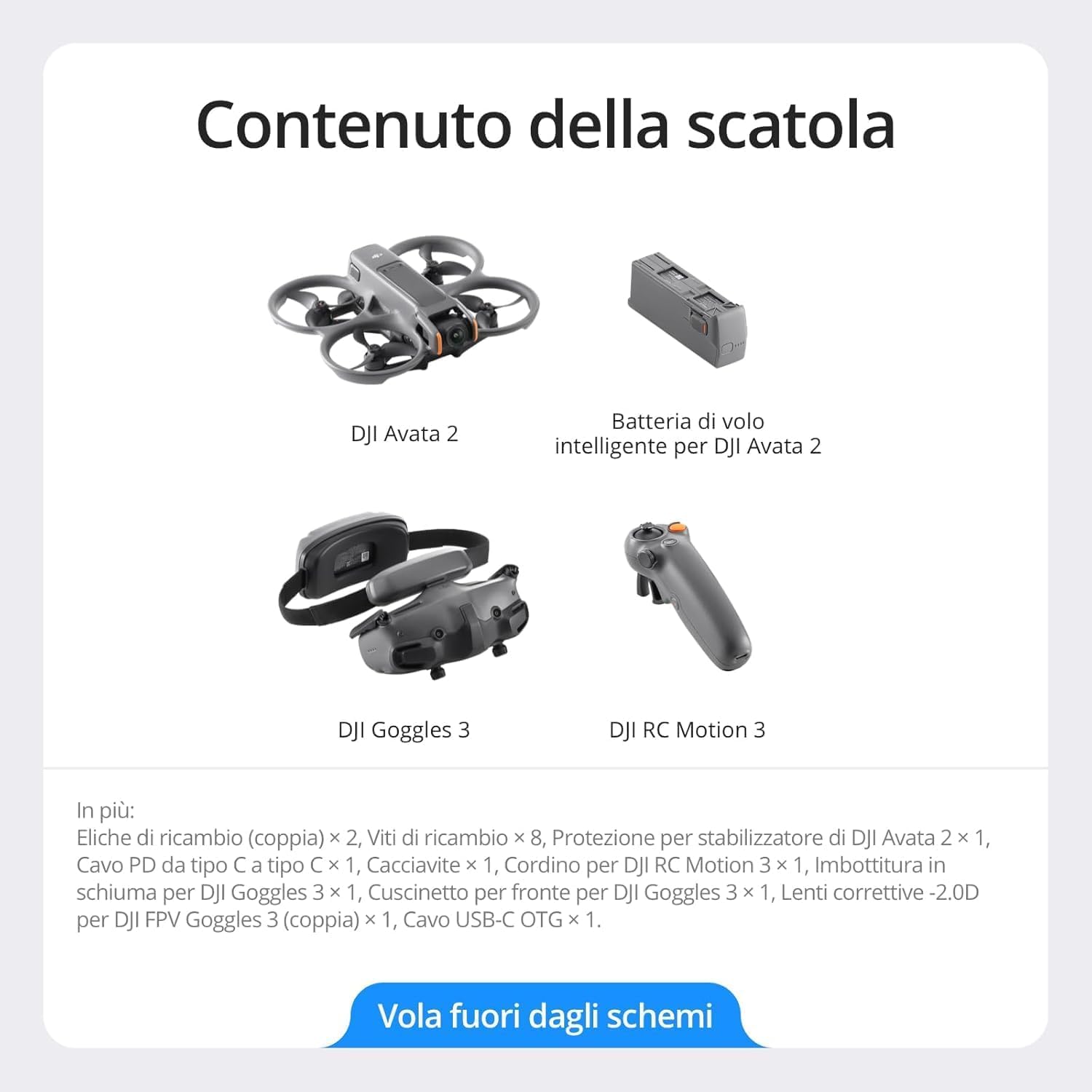 DJI Avata 2 Fly More Combo (1 batteria), Drone FPV con fotocamera 4K, Paraeliche integrati, 360 semplificati con una sola pressione, Goggles 3 e RC Motion 3 inclusi