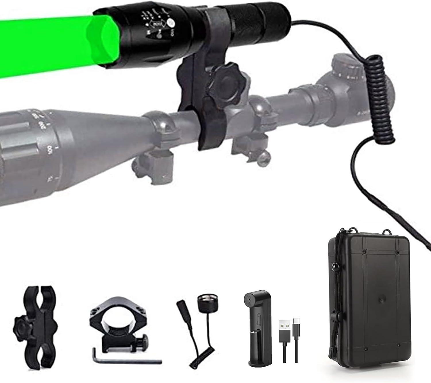 BESTSUN Green Light 350 Yards Predator Light Zoomable Tactical Hunting Green Led Flashlight Coyote Varmint Hunt Torch with Pressure Switch, Rail & Scope Mounts, Batteries and Charger