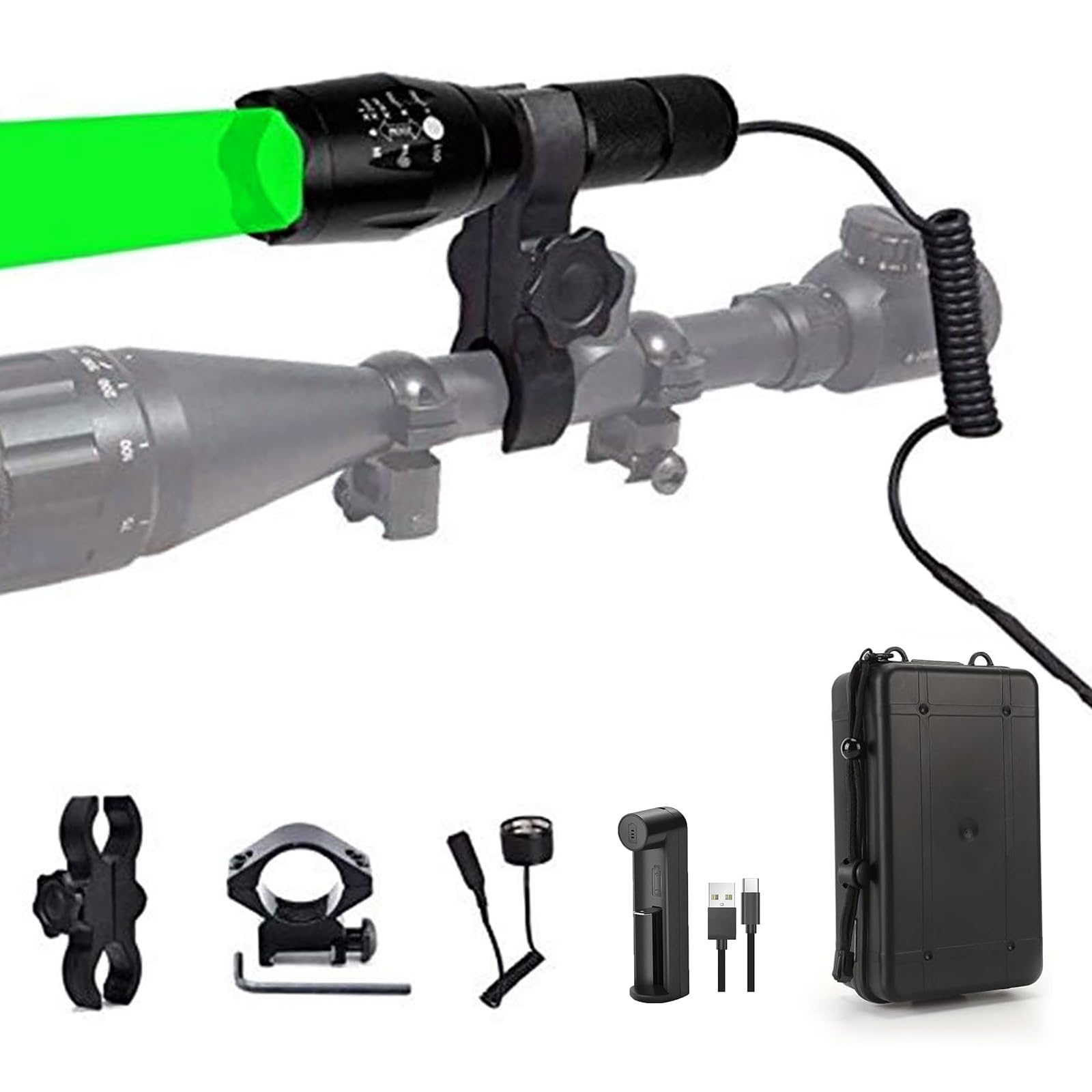 BESTSUN Green Light 350 Yards Predator Light Zoomable Tactical Hunting Green Led Flashlight Coyote Varmint Hunt Torch with Pressure Switch, Rail & Scope Mounts and Charger : Sports & Outdoors