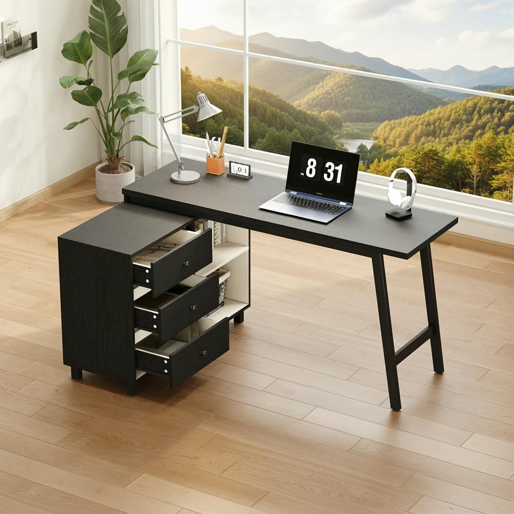 Merax Bureau d’Angle 150 x 100 cm avec 3 Tiroirs et Étagères Ouvertes, Grand Bureau Informatique en L avec Structure Métal, Table de Bureau Moderne pour Télétravail, Étude et Gaming, Noir et Blanc