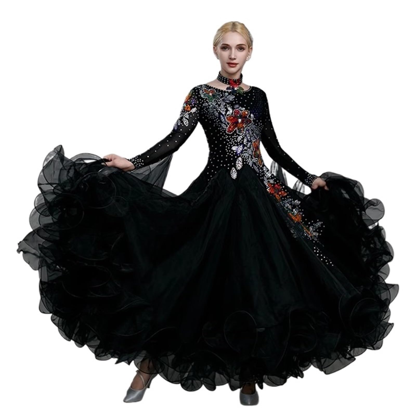 Shbhws Women's Black Ballroom Dance Competition Dress National Standard Modern Clothestango Waltz Stage Costumes Used For Dance Performances(,Xl)