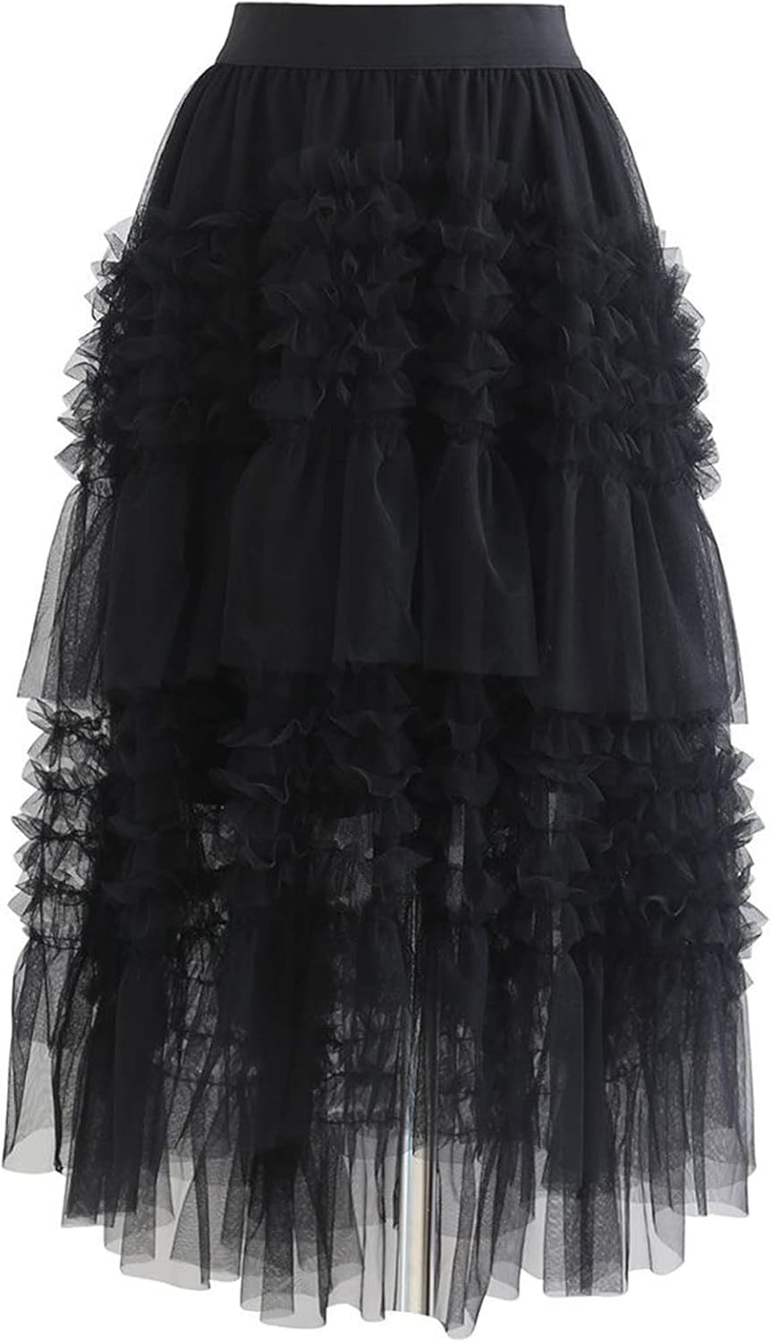 CHICWISH Women's Pink/Cream/Tan/Black Ruffle Tiered Hi-Lo Mesh Tulle Skirt