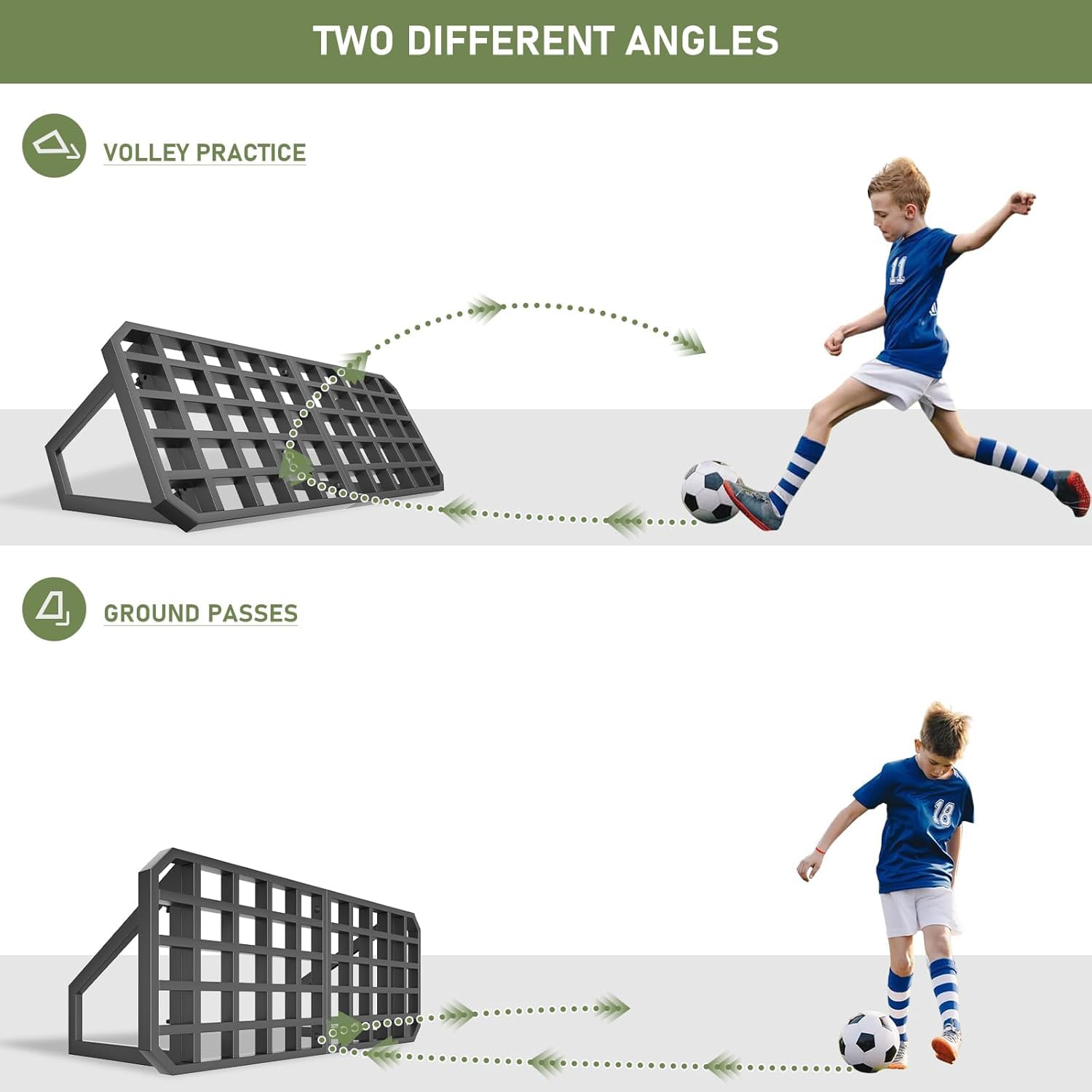 Tavola da rimbalzo da calcio, portatile, per adulti e bambini, 2 angoli in metallo, attrezzatura per allenamento da calcio per cortile, tavole di rimbalzo regolabili per il passaggio