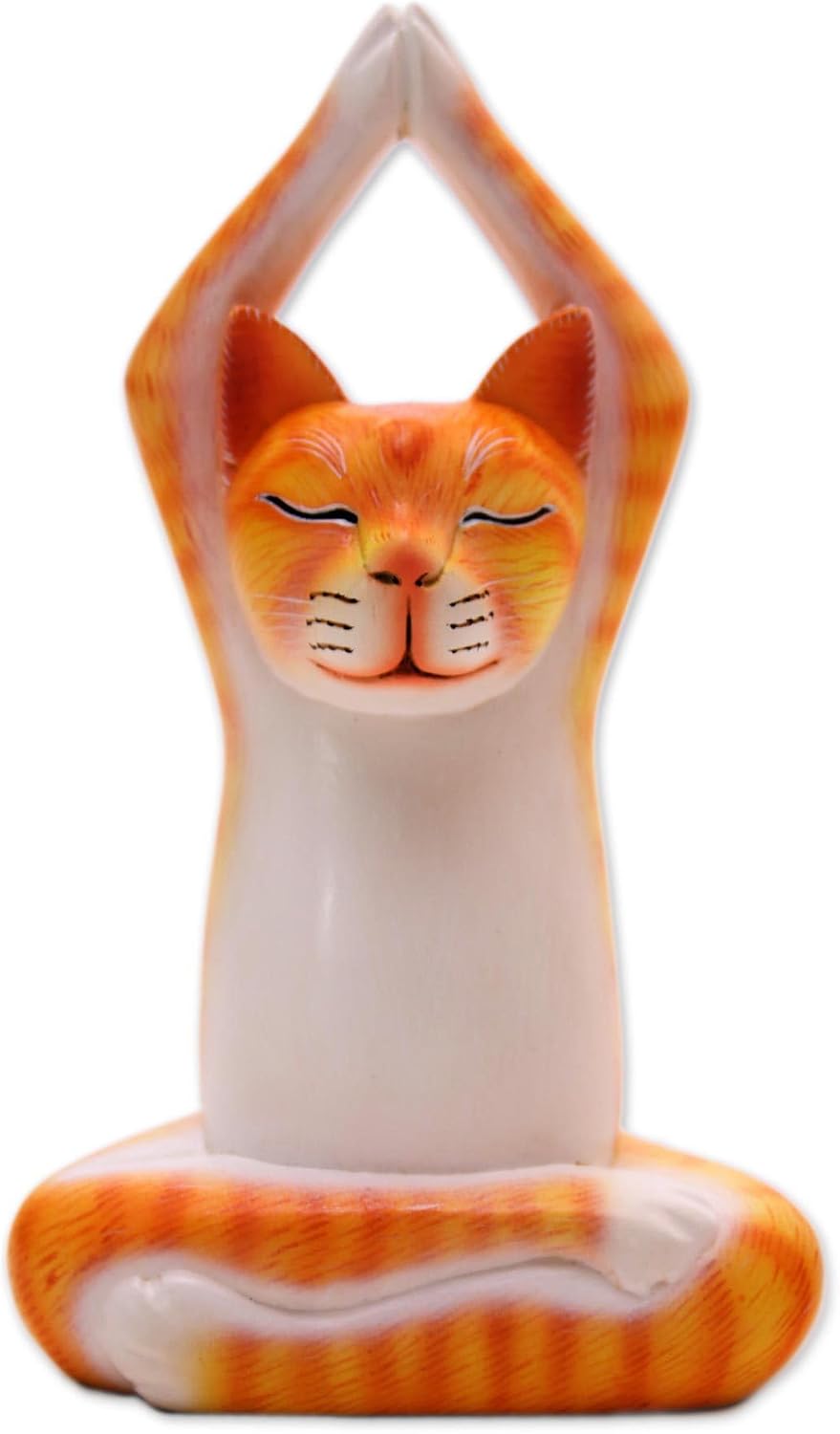 NOVICA Artisan Handmade Wood Sculpture Orange Suar Asana Pose Yoga Cat from Bali White Indonesia [7.75in H x 4.7in W x 2.8in D] ' Toward The Sky Orange Yoga Cat'