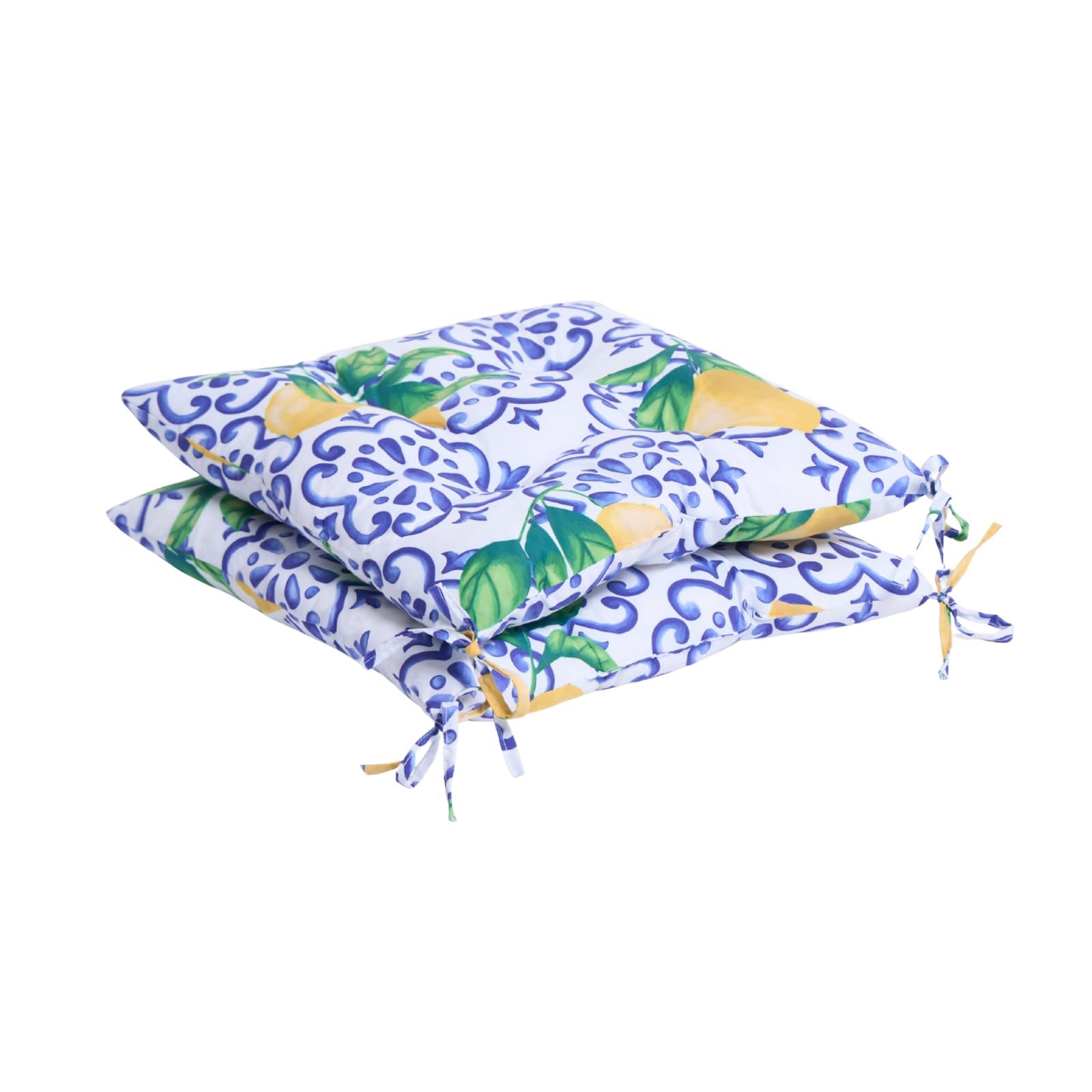 Ohs Lemons Chair Cushions Pack Of 2 Lemon Print Seat Pads For Dining Chairs Indoor/Outdoor Soft Comfy Seat Cushions With Ties For Garden Living Room Kitchen, Blue/Yellow-40X40cm