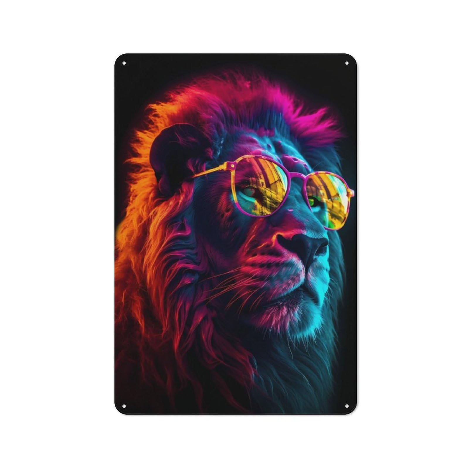 Junmoney Lion Neon Sunglasses Rustic Metal Sign 30X20cm For Hallway Wall, For Collectors Of Rustic Metal Wall Decor