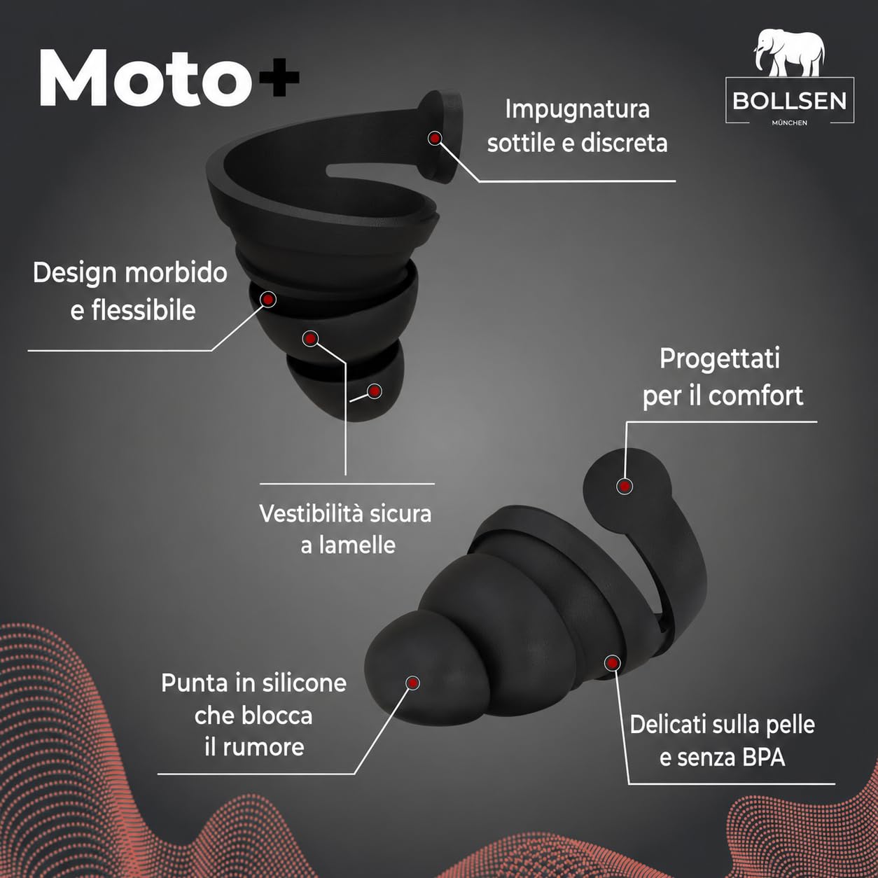 BOLLSEN Tappi Orecchie Moto, Riduzione Rumore Vento e Motore SNR 24 dB, Silicone Riutilizzabile, Comodi Sotto il Casco
