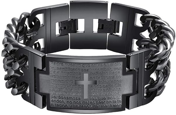 Mens Titanium Stainless Steel Lords Prayer Cross Bible Verse Bracelet Link Wristband Adjustable