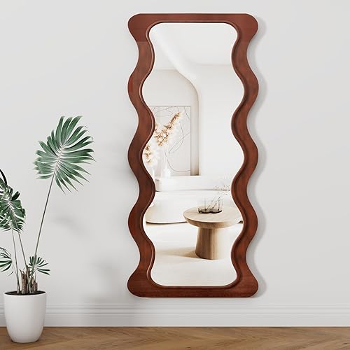 Miniatura 2 de Espejo ondulado de 65 x 24 pulgadas, espejo de longitud completa con marco de madera, espejo de piso, espejo de pared irregular, para colgar o