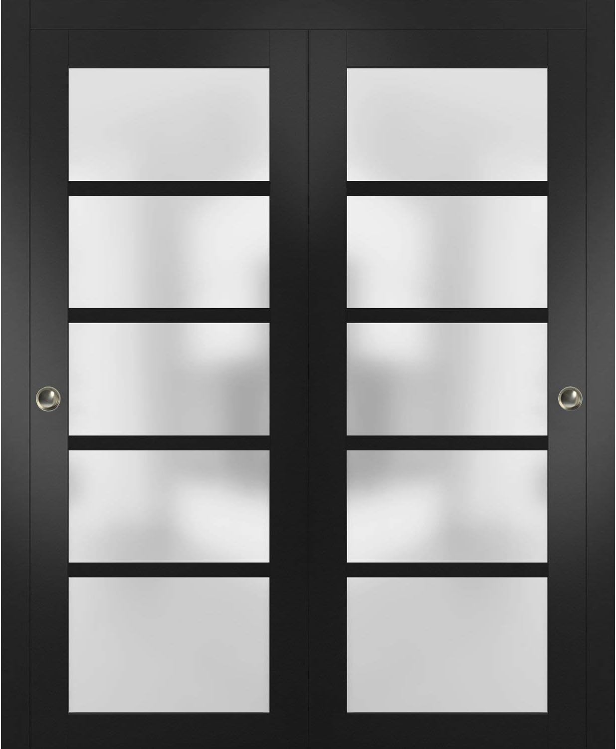 Sliding Closet Door SARTODOORS Quadro 4002 Bypass Interior Doors with Frosted Glass, MDF, 72x80, Black, Modern Style Hardware Included