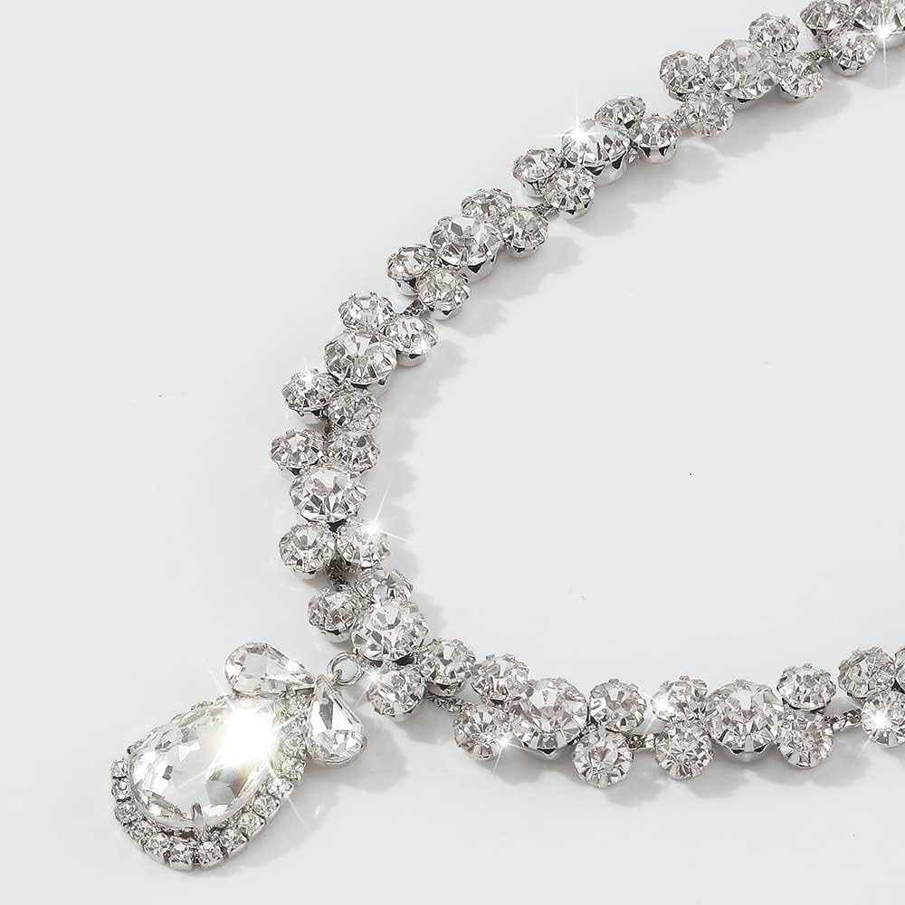 JWICOS Full Rhinestone Choker Necklace for Women and Brides Silver Crystal Teardrop Pendant Chain Choker for Party Prom - Image 4