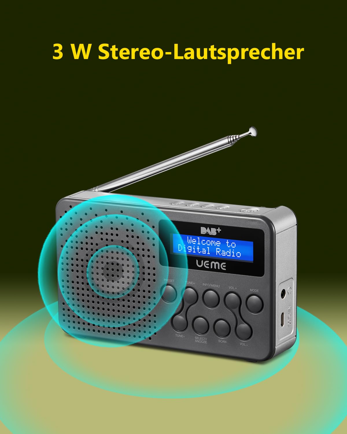 Digitalradio Klein & Tragbar – DAB+/DAB/FM | 3W Lautsprecher mit Verbessertem Bass | 2600mAh Akku+18 Stunden Spielzeit | 20 Senderspeicher+ Radiowecker| für Outdoor & Zuhause(Grau/Silber)