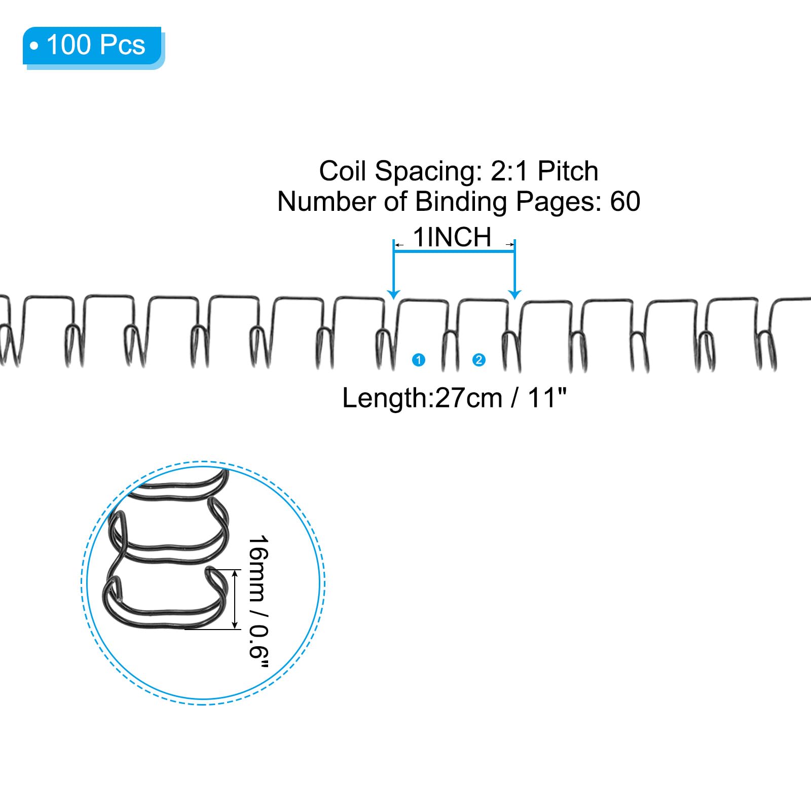 PATIKIL 10mm (3/8") Dorsi per Rilegatura a Doppio Anello, 100pz Bobine Rilegatura Doppio Anello in Metallo 60 Foglio Capacità 2:1 Passo 21 Dorsi ad Anello, Nero