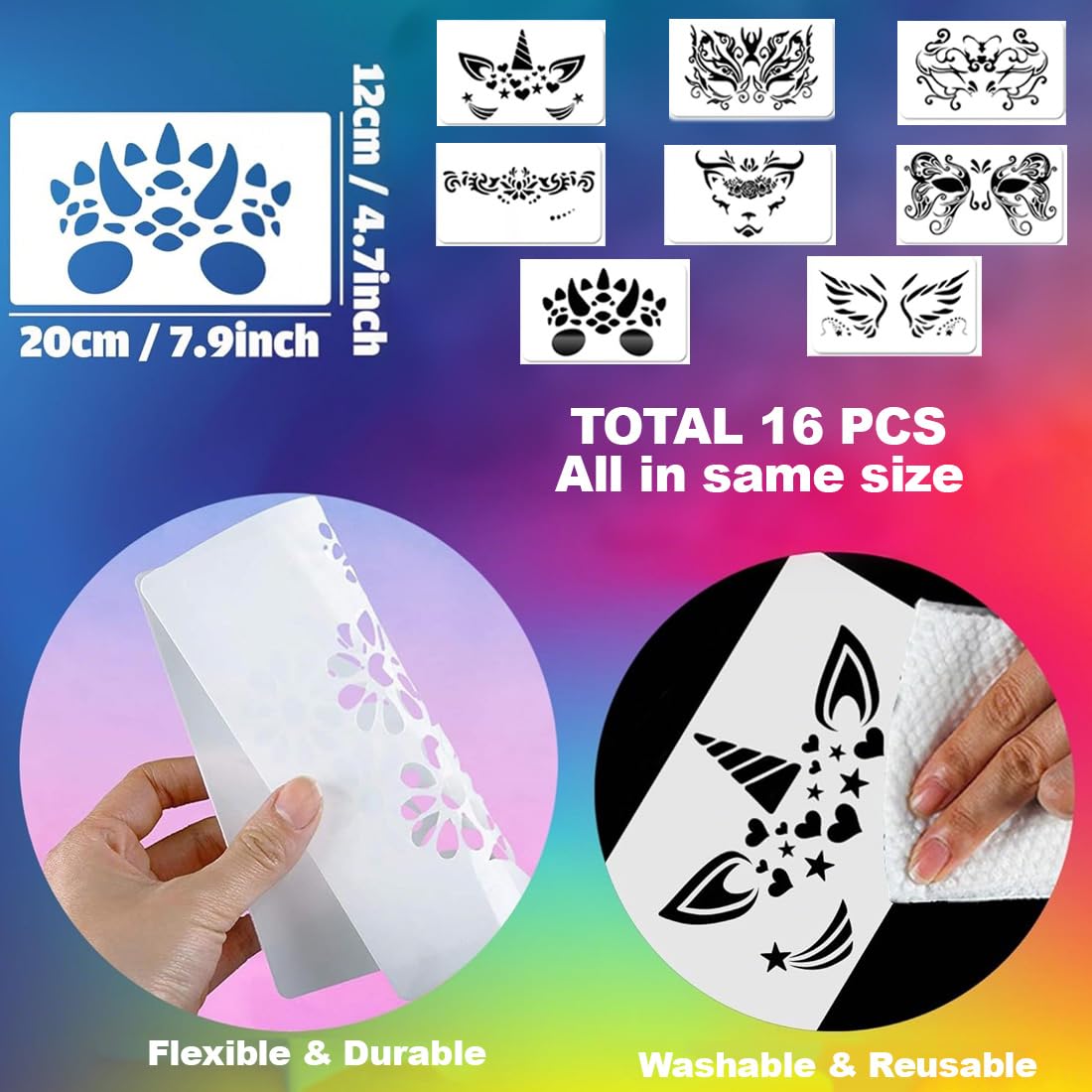 16 Pezzi Stencil per Tatuaggi, Stencil di Pittura del Viso, Tattoo Stencil Temporanei, Modello Riutilizzabile per Il Trucco per Bambini e Adulti, Halloween, Party, Body Art Pittura