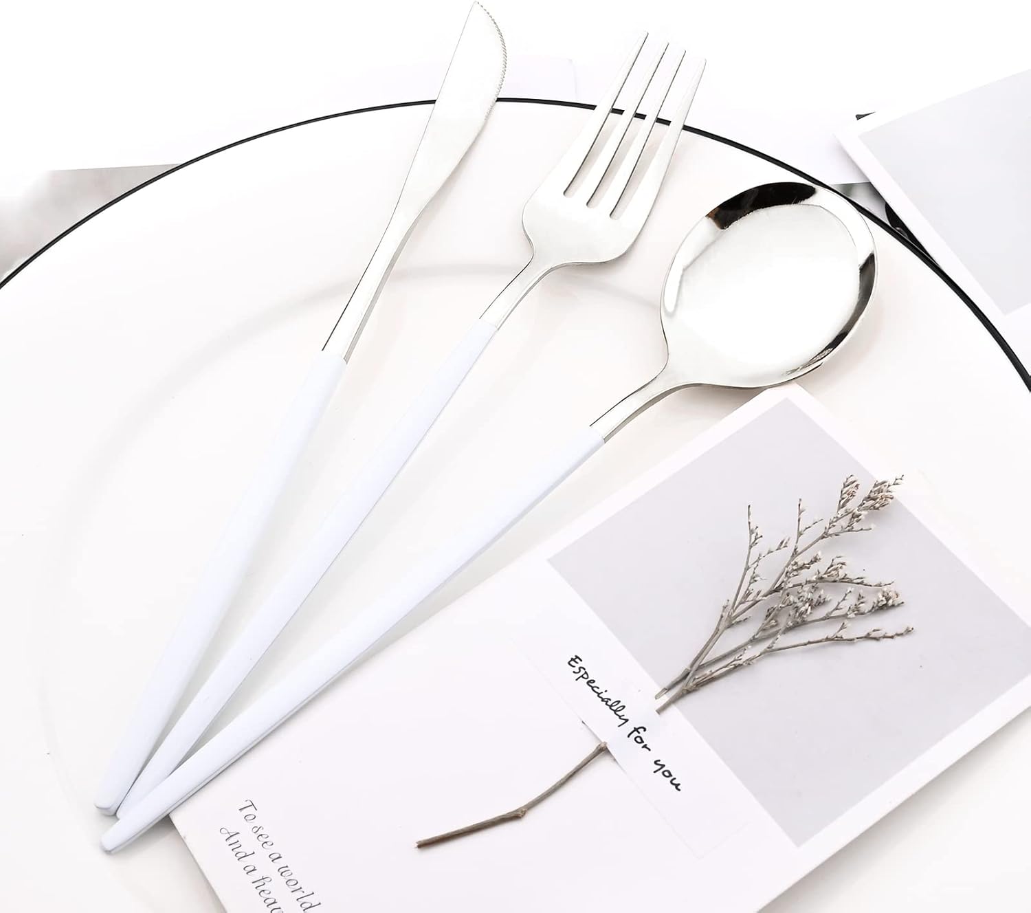 24 Pcs White Silver Tableware Colored Handle, Mirror Shiny Stainless Steel Eating Utensils Include Knife Fork Spoon Teaspoon, Comfortable Cozy Sweet Color Dinner Flatware Gift