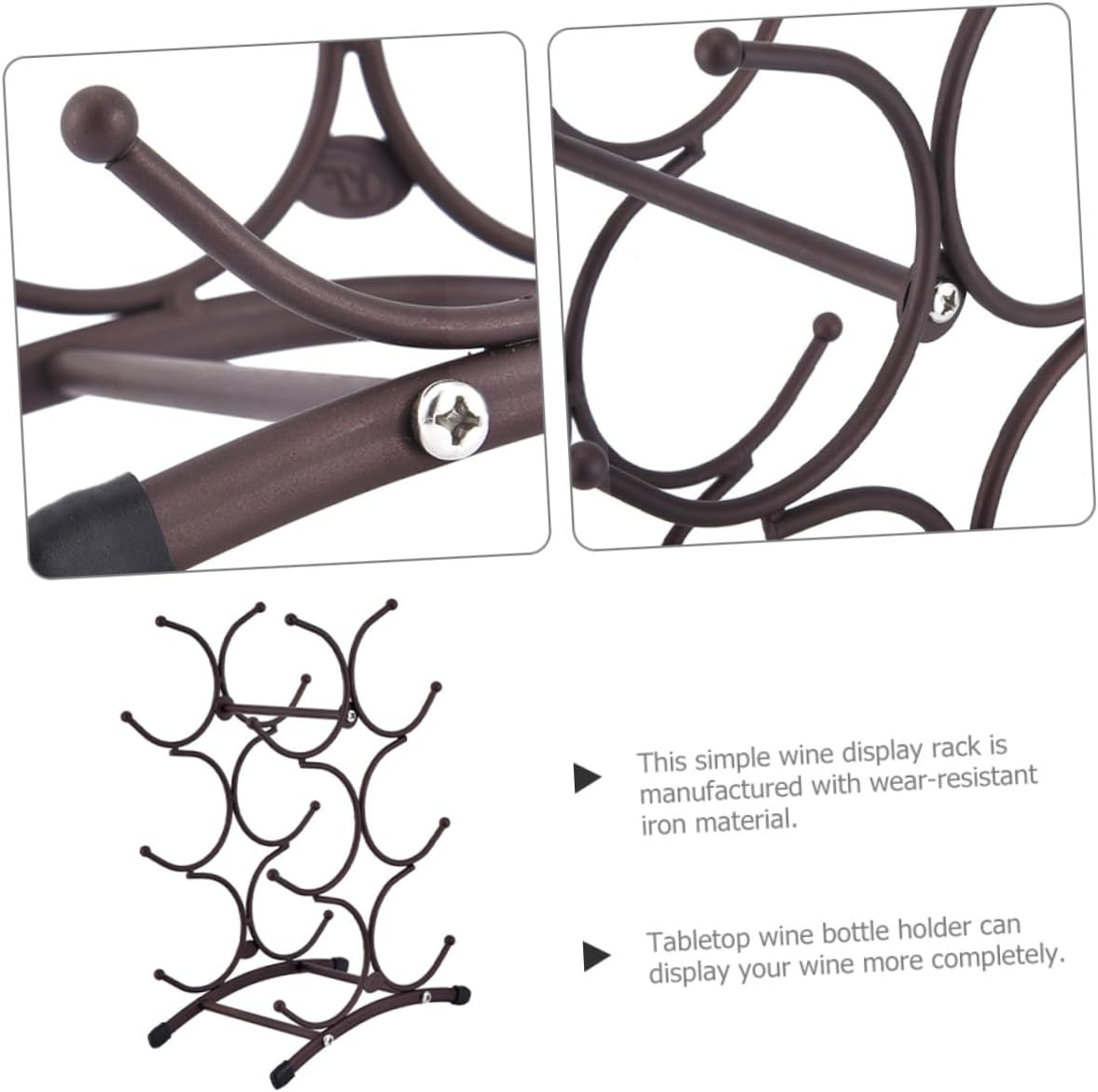 VICASKY Vintage Metal Wine Rack, Removable Iron 6-Bottle Holder, Antique Copper Finish Wine Display Stand for Home Dining Room Countertop Storage