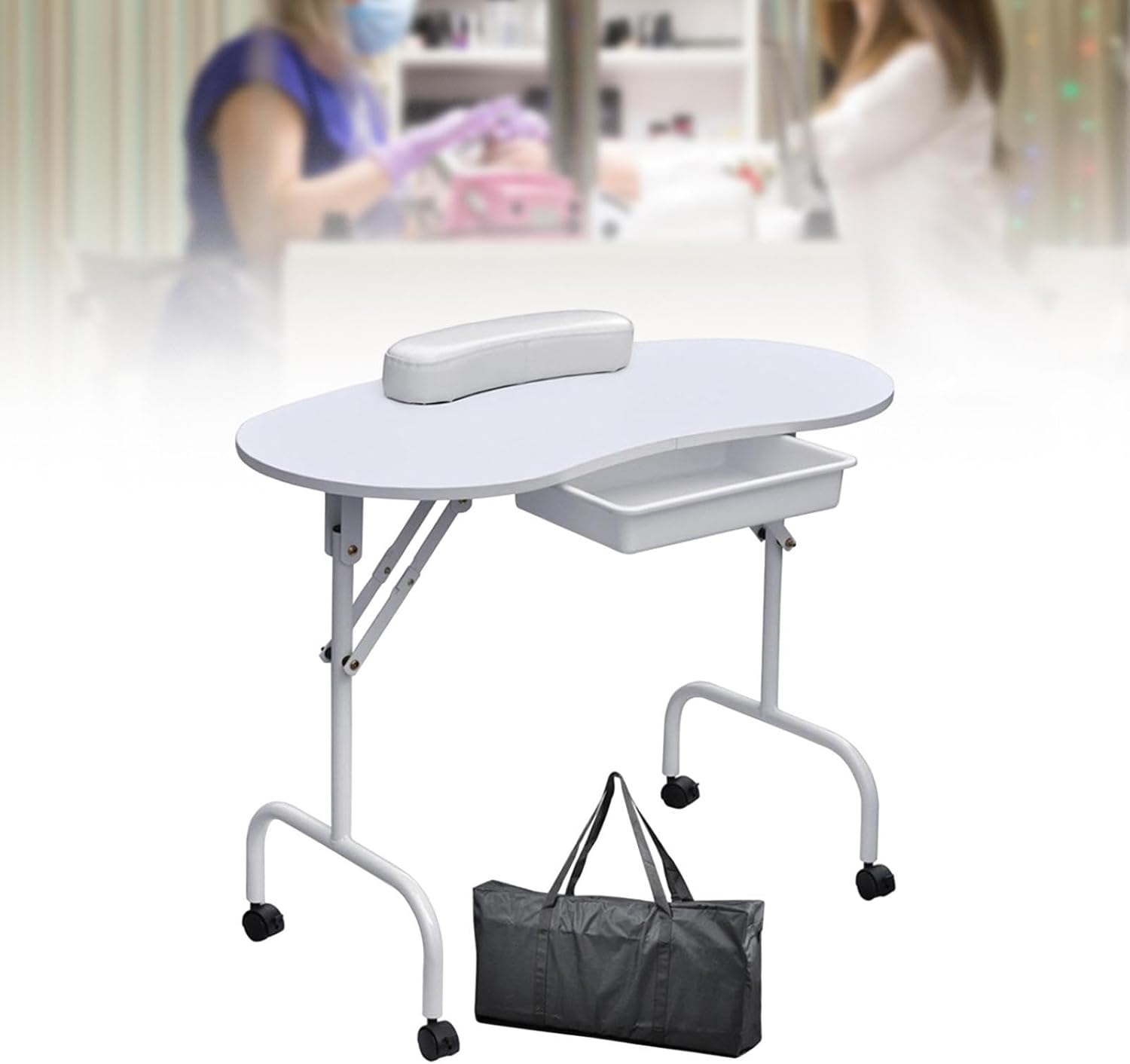 Foldable Nail Table with Carry Bag for Manicure Technicians, White